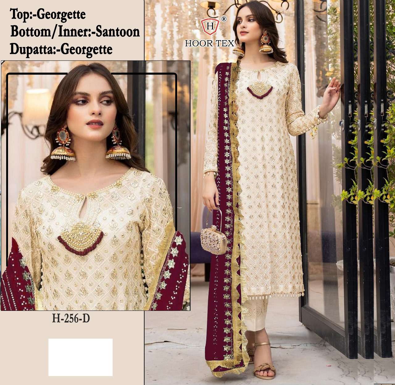 hoor tex h 256 a to d fabric details top fox georgette bottom santoon inner santoon pakistani suit dupatta georgette pakistani suit 