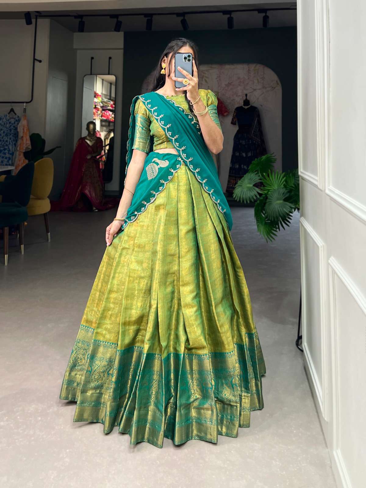 lehenga choli experience the luxury of kanjivaram silk in this regal lehenga choli ensemble, completed with a flowing embroidery dupatta lnb2020prt lnb2020blu lnb2020ylw