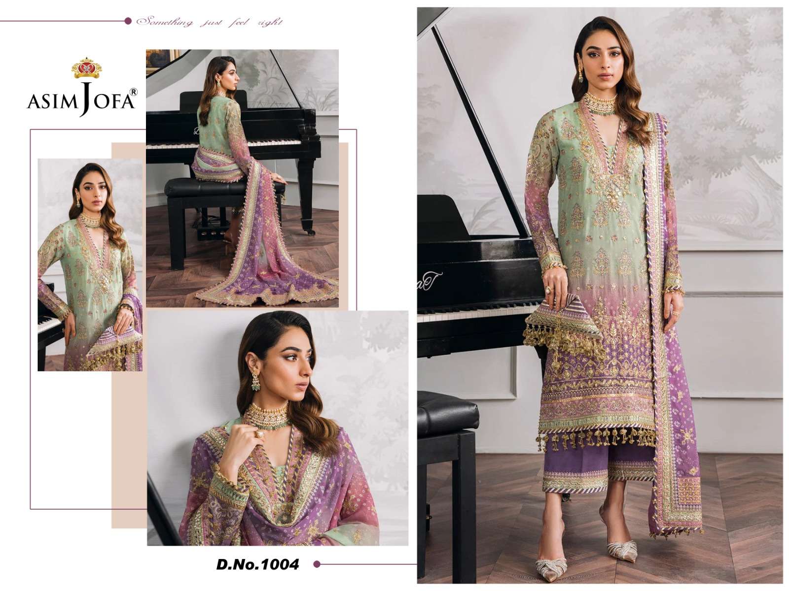 pakistani suit asim jofa code 1004 semi stitched georgette shaded very heavy embroidered beautiful tricoloured printed embroidered handwork semi stitched outfit with applique work