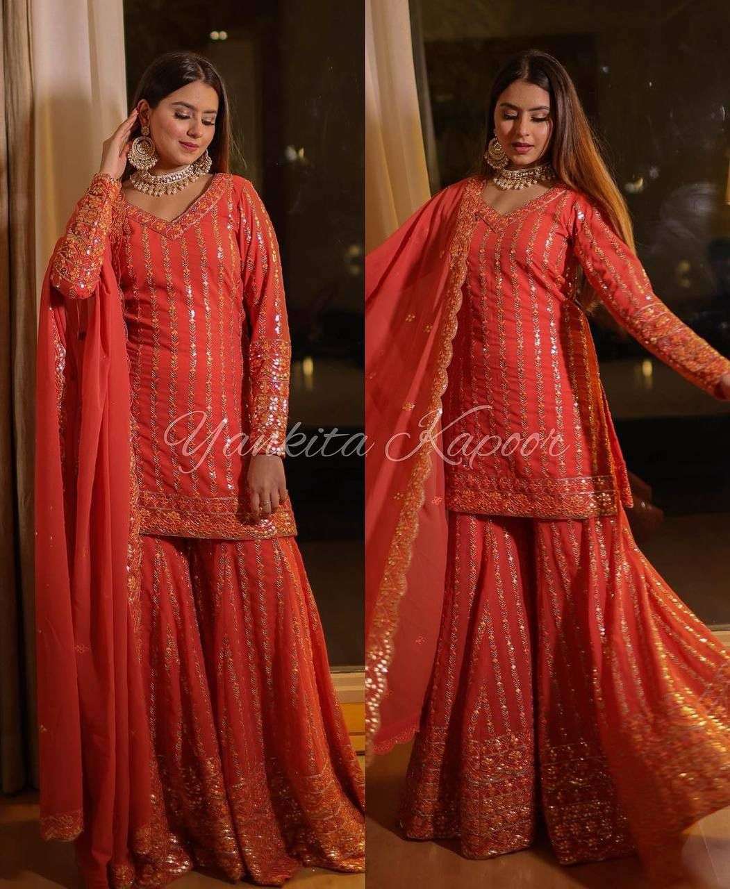 presenting new faux georgette and heavy embroidery sequence work top plazo and dupatta set fully stitched ready to wear collection sr 1606 readymade partywear dresses