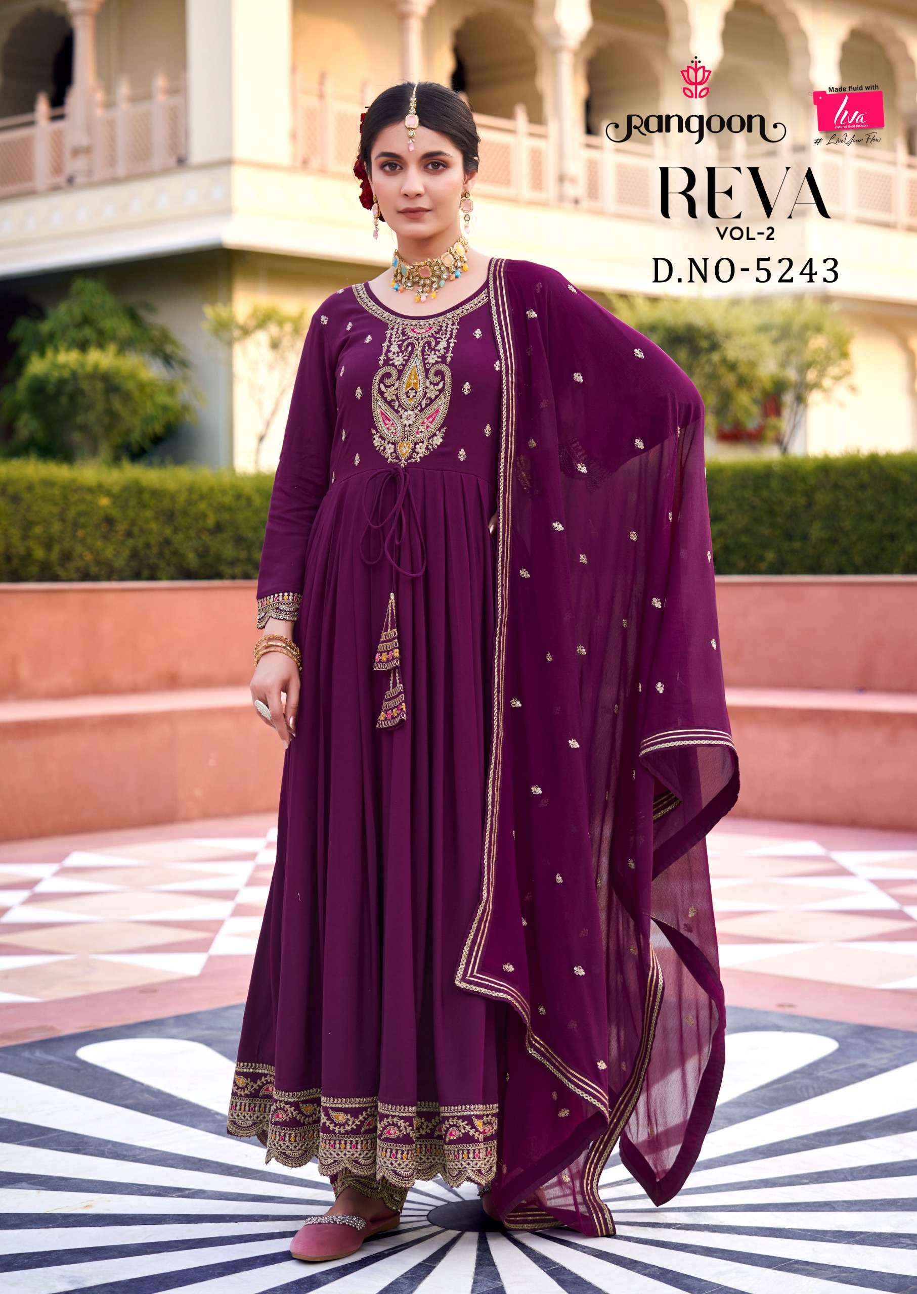 rangoon trending series of catalouge reva vol 2 fabric details top heavy reyon with embrodery work anarkali style bottom heavy rayon with embrodey fancy work lace pant