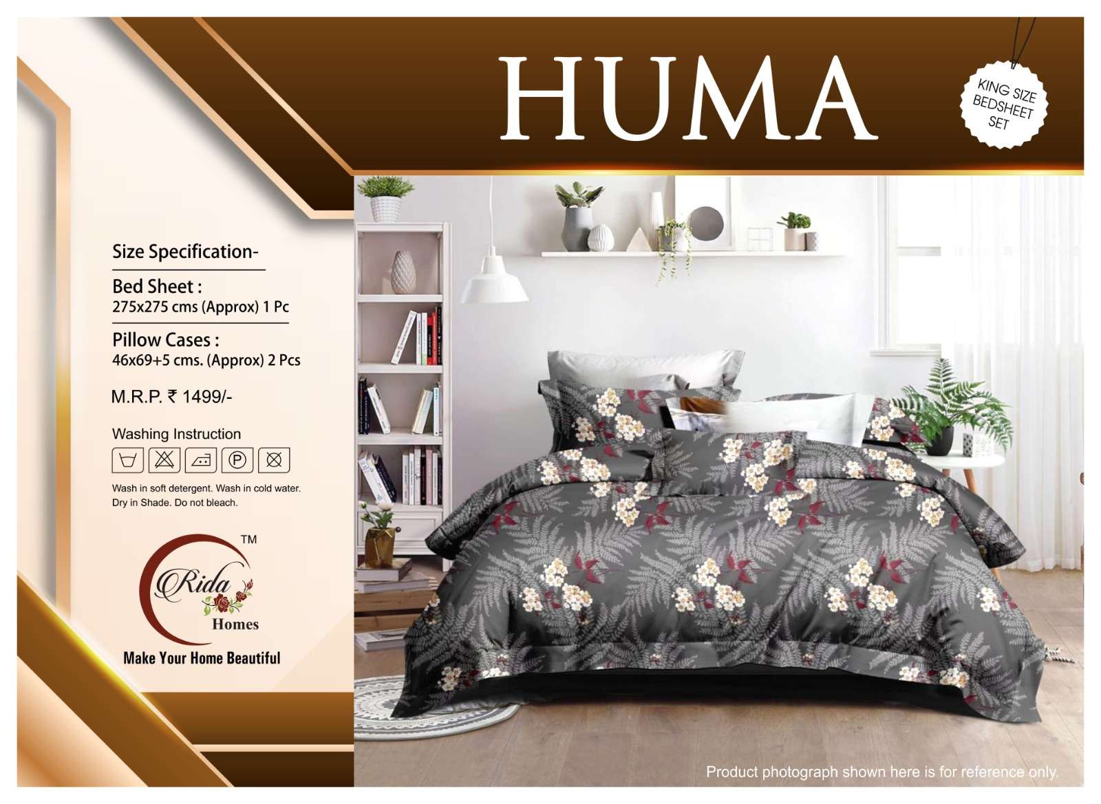 rida homes fresh  arrival brand name rida homes huma 3pcs king size bedsheet set 150 gsm cotton satin fabric supersoft feel reactive designer prints loose have packing contents 