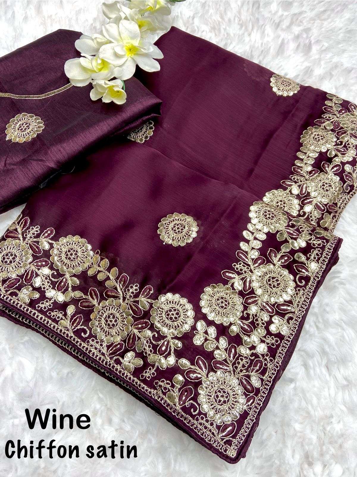 saree exclusive arrivals in chiffon satin fabric n details beautiful chiffon satin saree with heavy foil gotapatti multi coding cpallu work nd rich look butti in blouse heavy mono with fully work 