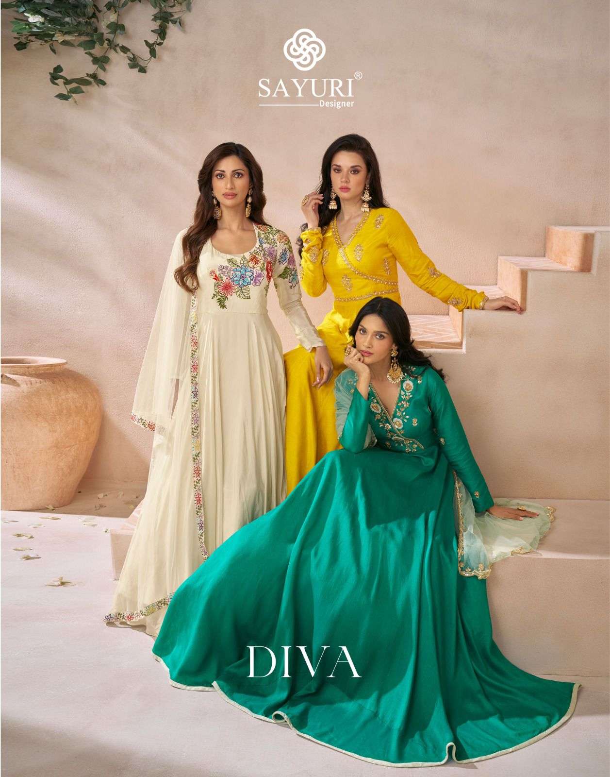 sayuri designer catalogue diva series 5488 to 5490 fabric premium silk embroidered readymade gown style dresses partywear readymade gown