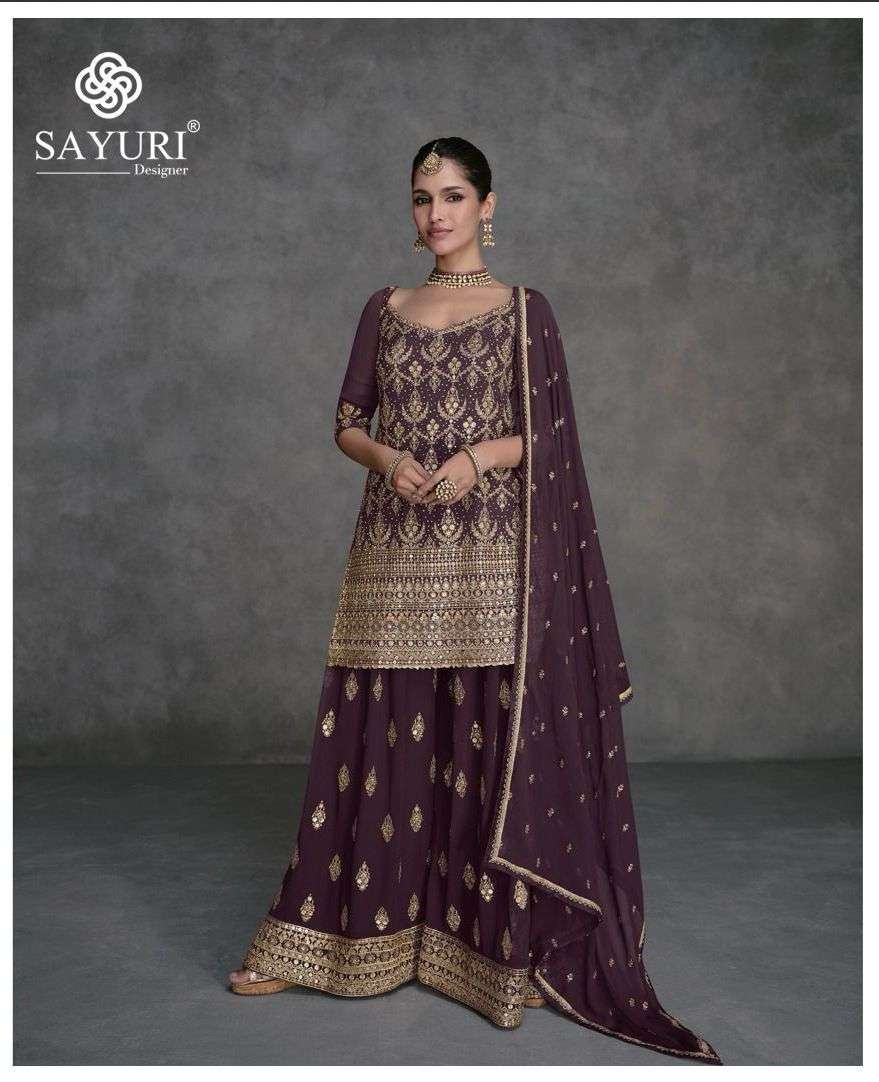 sayuri designer catalogue shailza series designer number 5422 designer partywear sharara dresses front and back embroidered duptta real gerogette embroidered 