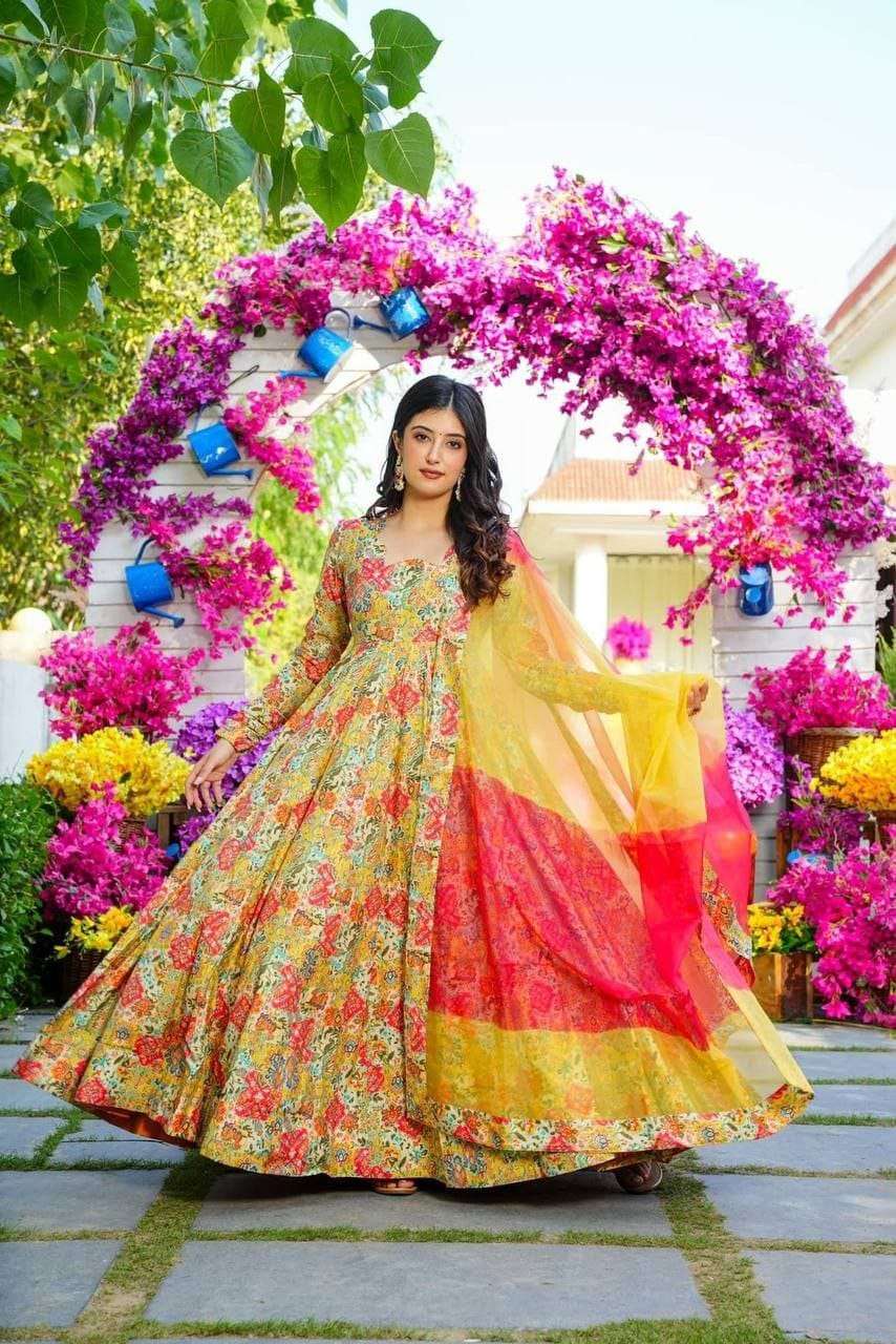 summer special sale 760 saffron muslin set drape yourself in rich elegance with our muslin suit set the intricate print and shaded dupatta adds a touch of opulence