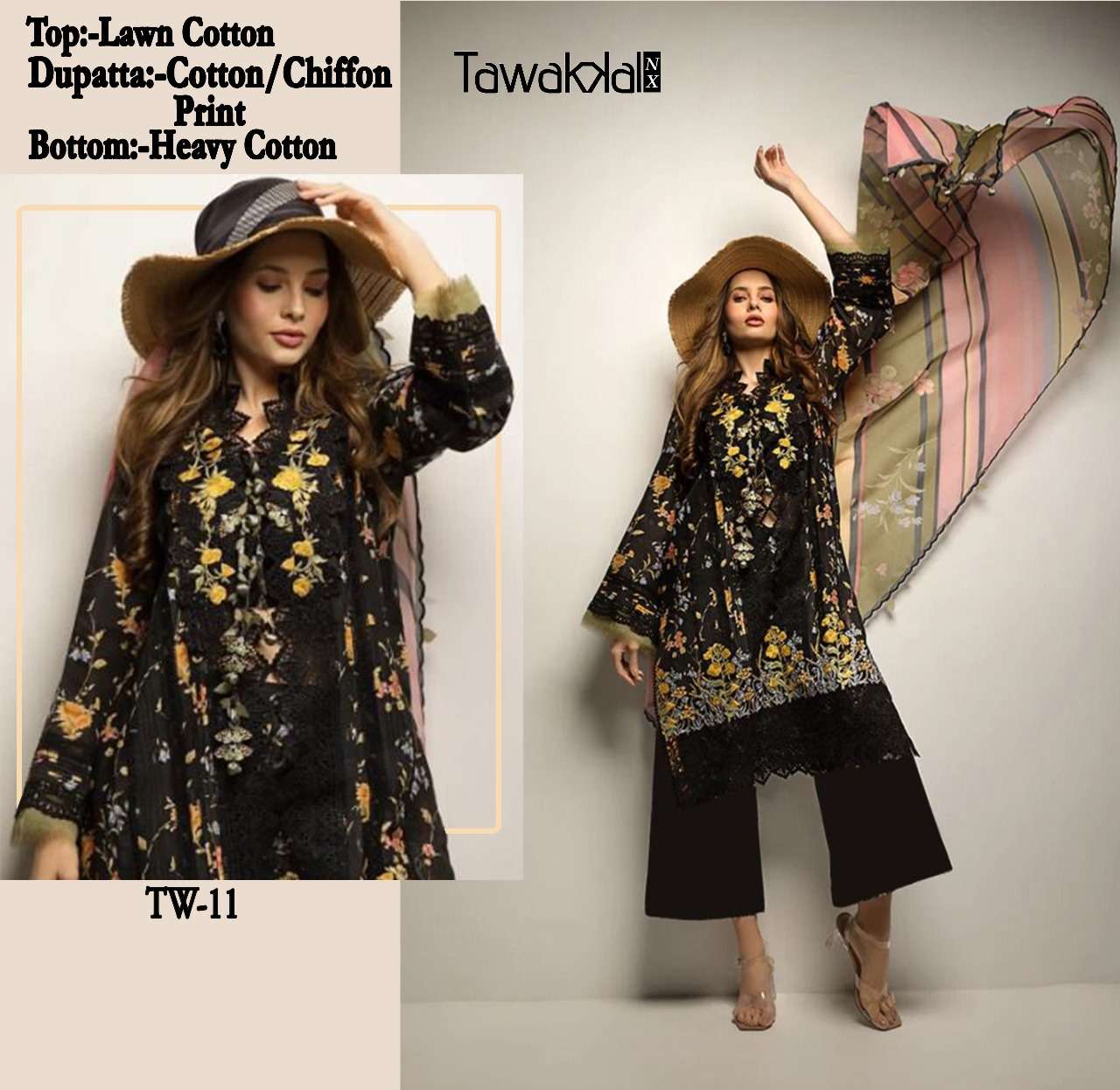 tawakal nx tw 11 to 14 cotton dress lawan cotton pakistani suit fabric details top lawn cotton  bottom heavy cotton dupatta cotton print chiffon print