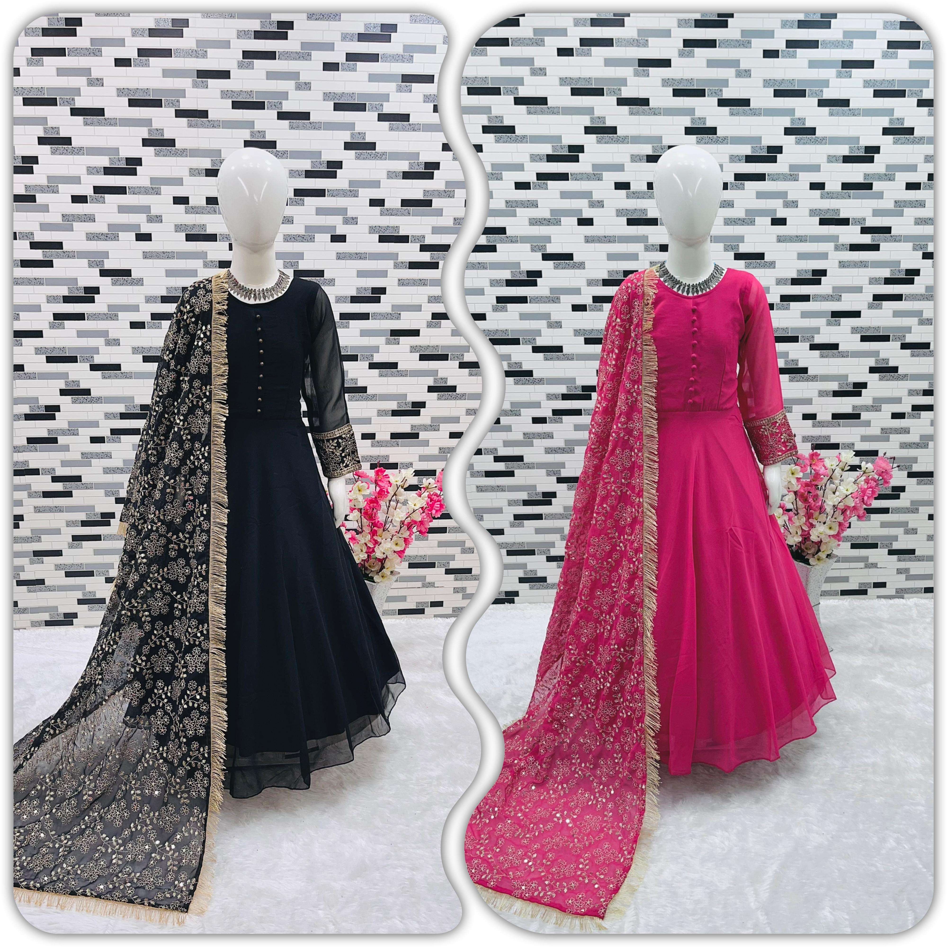 top selling presenting new rani and black georgette gown duppta full set with pent ready to wear code oc 169 rani n black sleeves fancy sequance and jari work yoke neck potli 3 year to 15 year kids wear