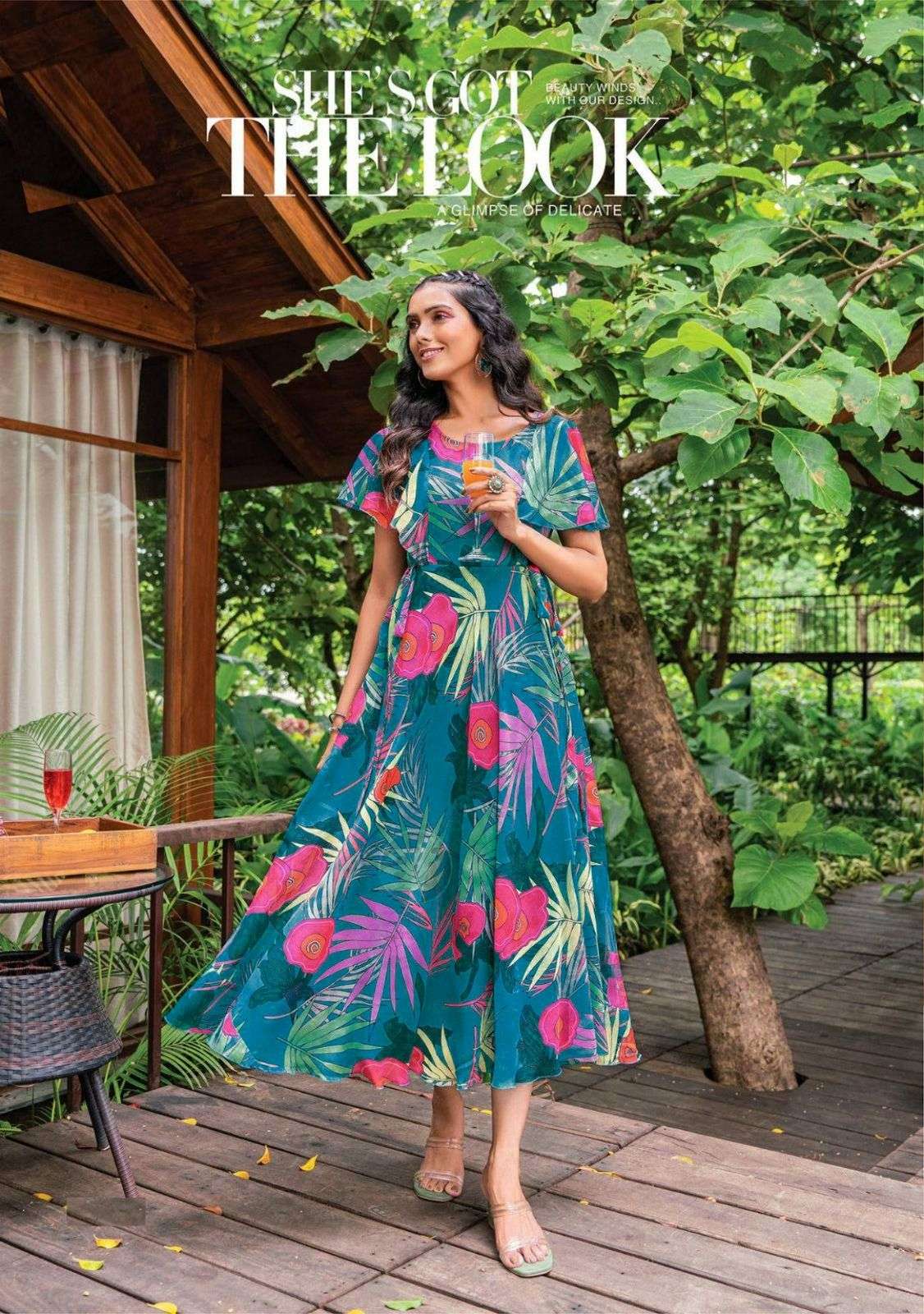 tropical long printed gown with fancy sleeves pattern fabric heavy georgette with inner crepe gown m to xxl size with belt in centre