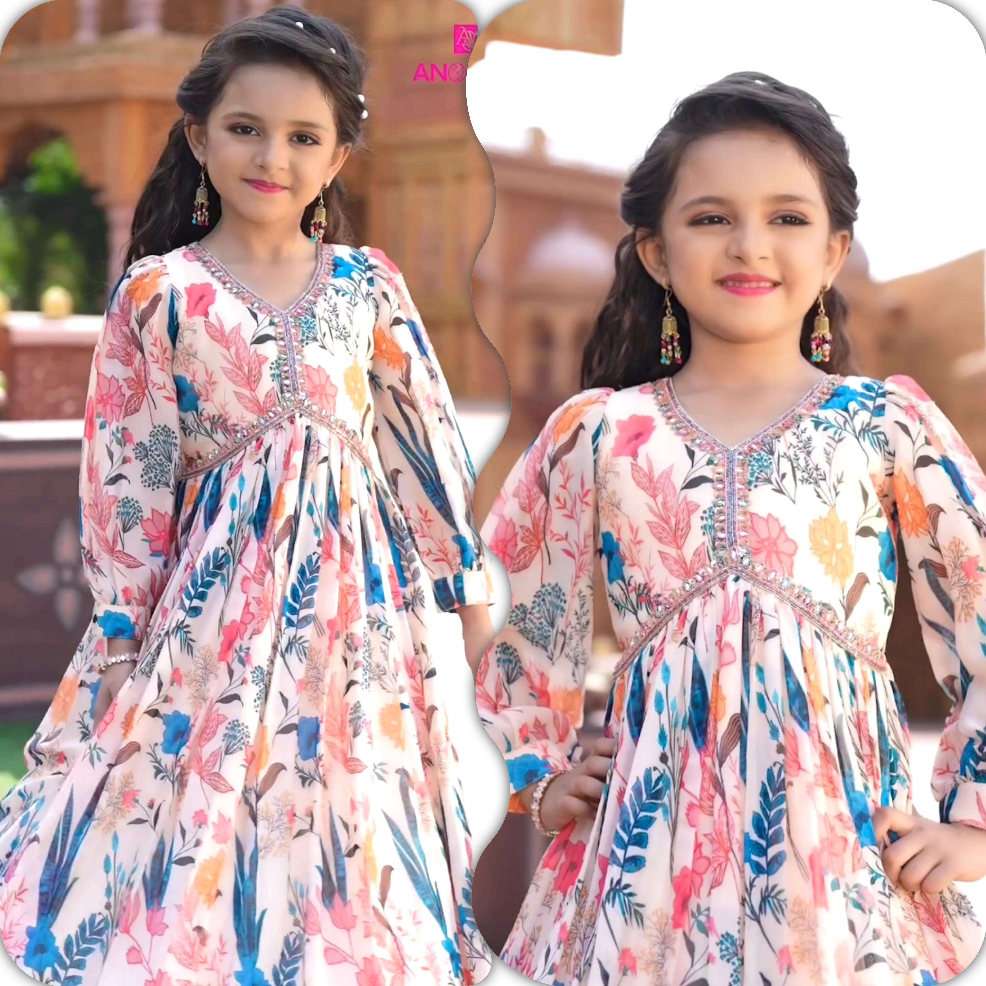 3 year to 15 year kids wear oc155 aliacut heavy fox georgette gown with digital print work ready to wear collection code oc 155 gown kids girls wear 