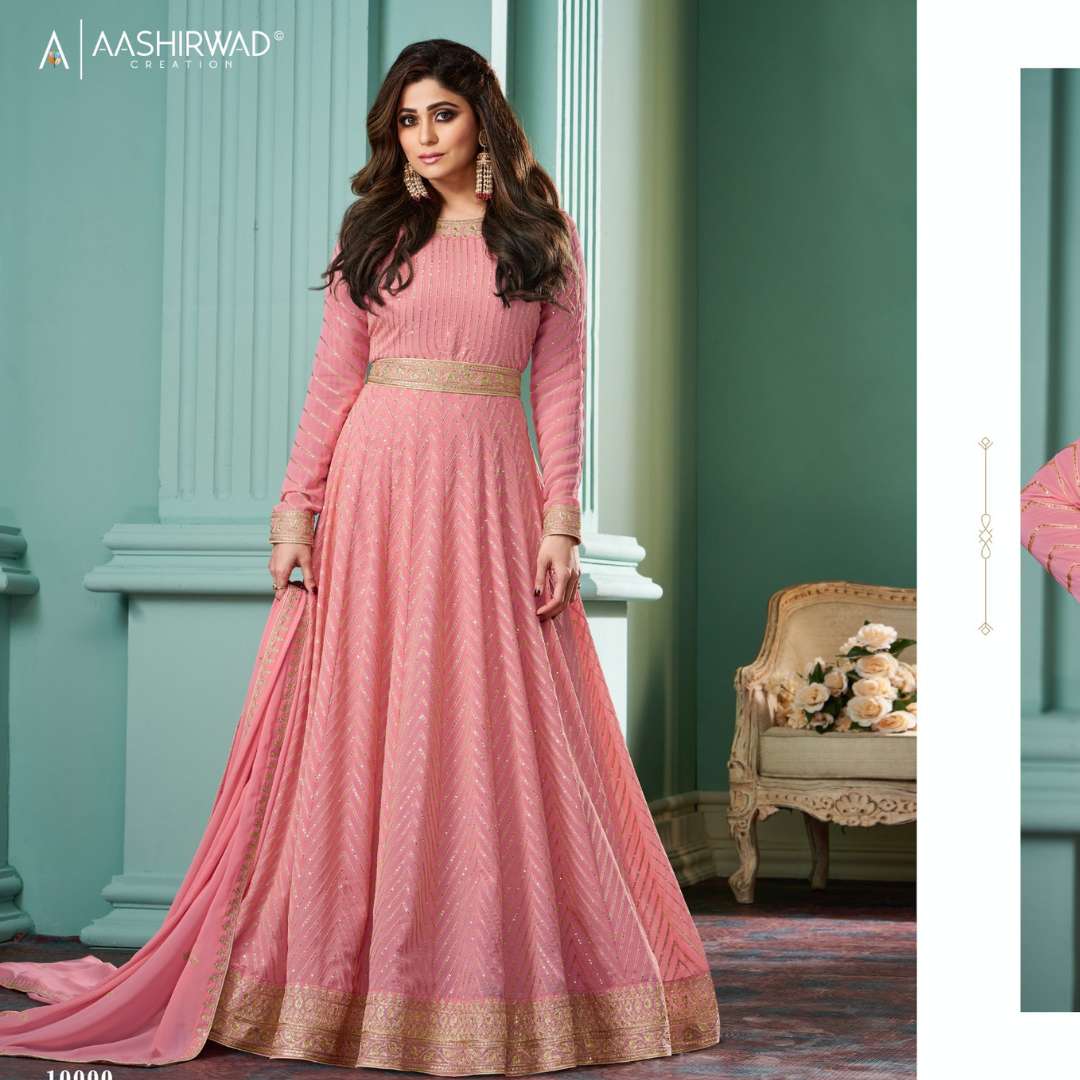 aashirwad creation present new free size stitch collection xl size alizza pestal n platinu top real georgette free size stitch  duptta real georgette readymade dress