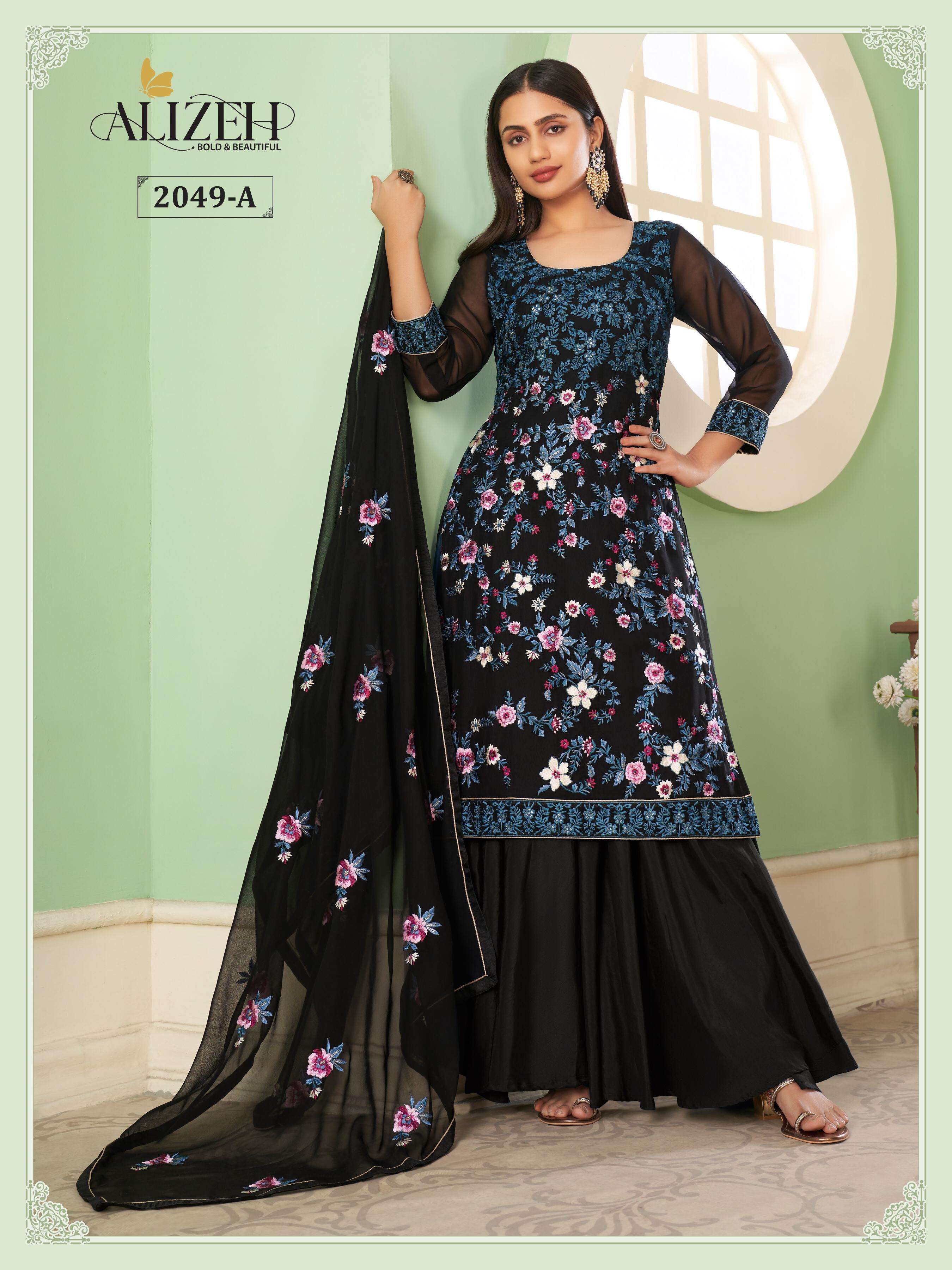 alizeh official 2049 colours top n dupatta georgette embroidered with multi thread and sequins work inner n bottom dull santoon unstiched dress material suit 