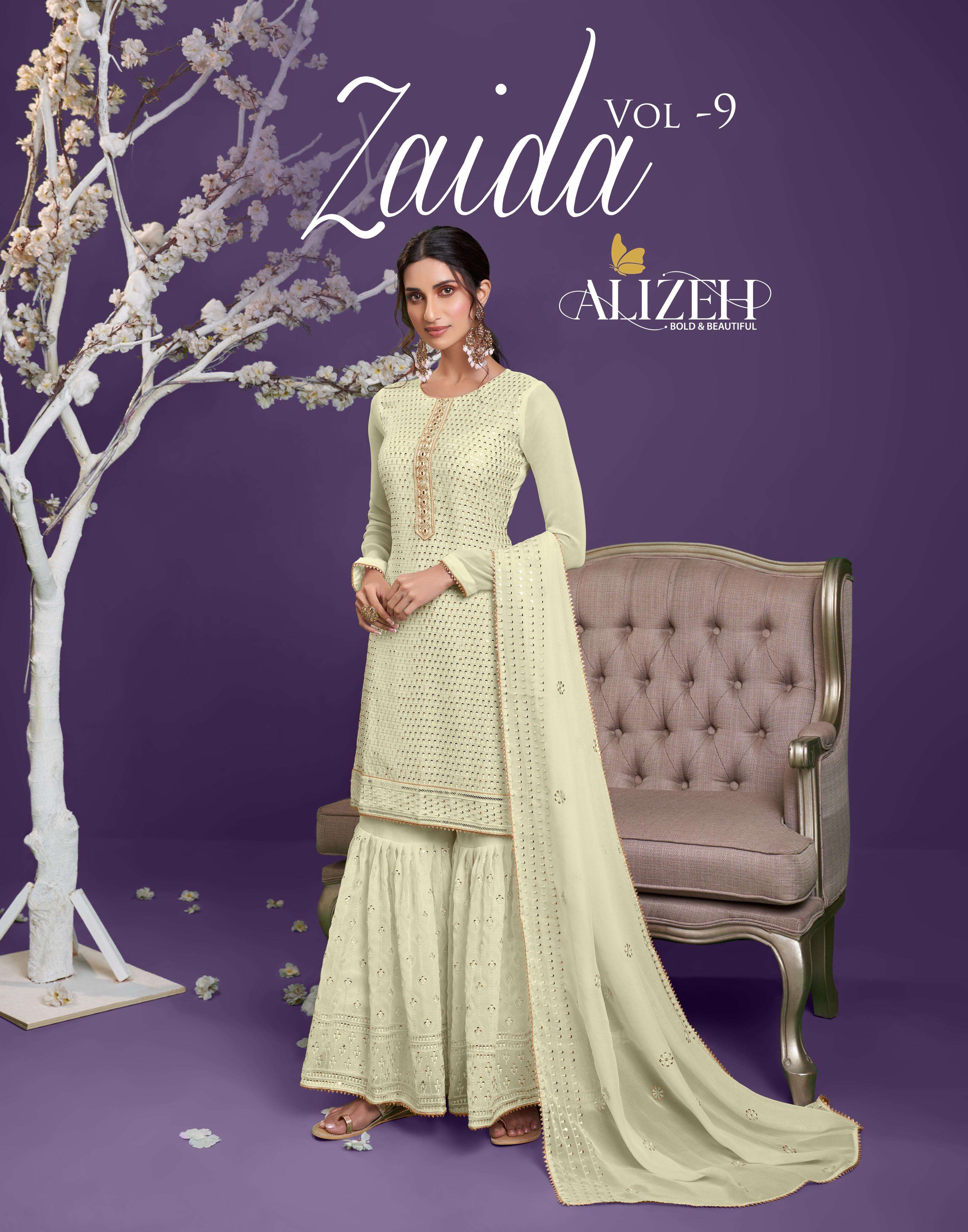 alizeh official premium sharara collection zaida vol 9 series 2035 to 2038 top fabric alizeh pure georgette designer partywear suit heavy embroidery sharara suit 