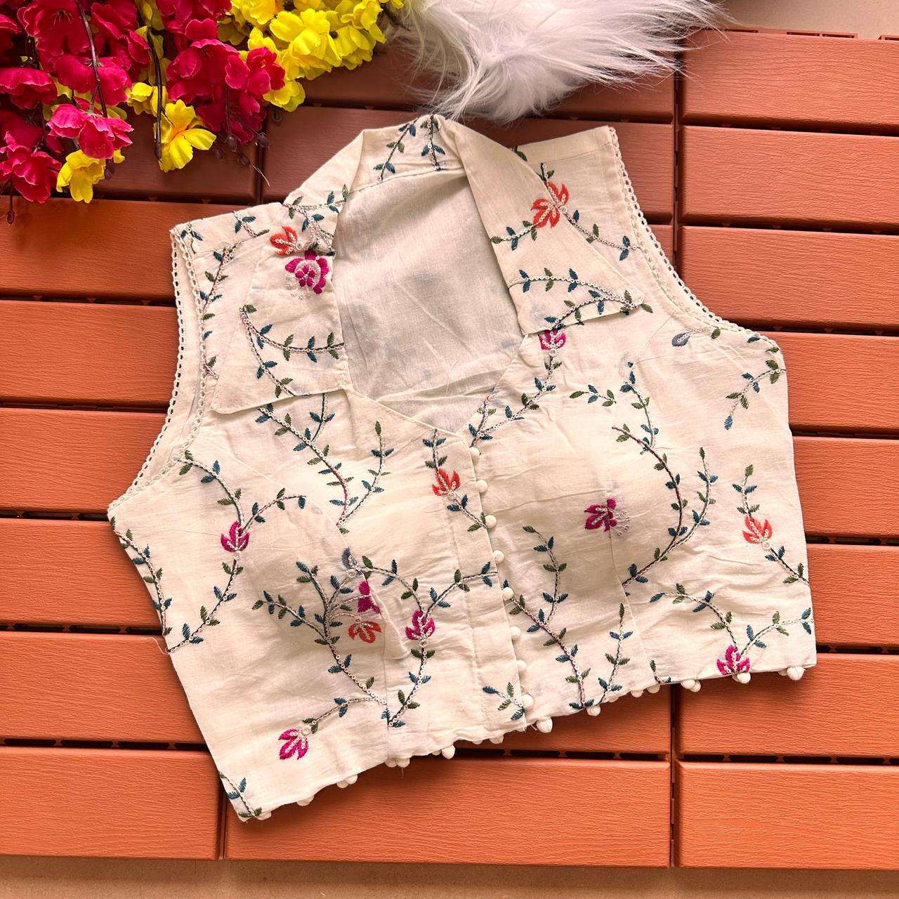 blousewala new design fabric heavy khadi embroiddery seq work with collar sleeveless readymade cotton only blouse 