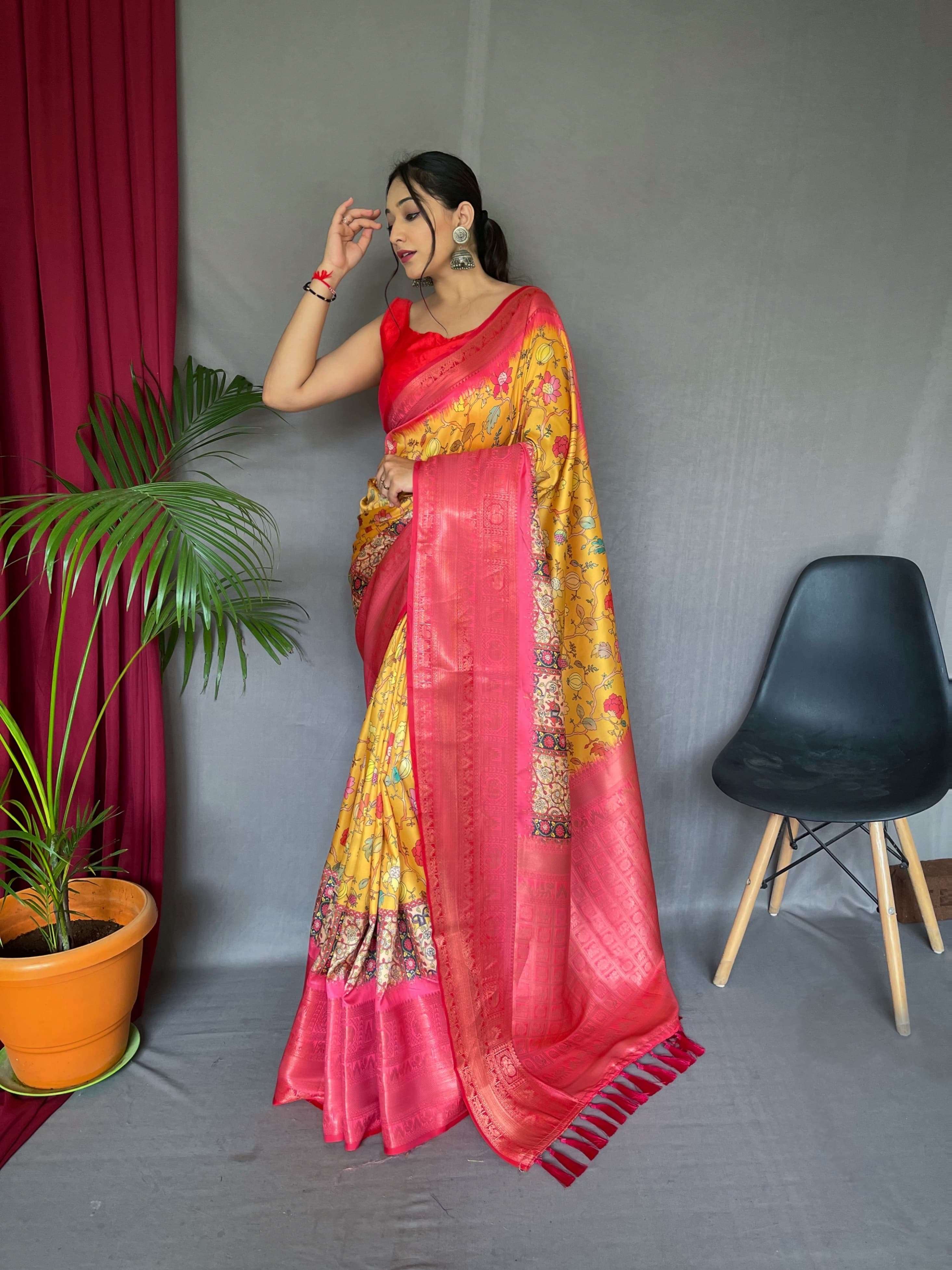 catalogue kalamkari prints pure kanchipuram digital printed saree catalogue 3d patola prints all over the saree with rich pallu and tassels blouse contrast printed blouse saree 