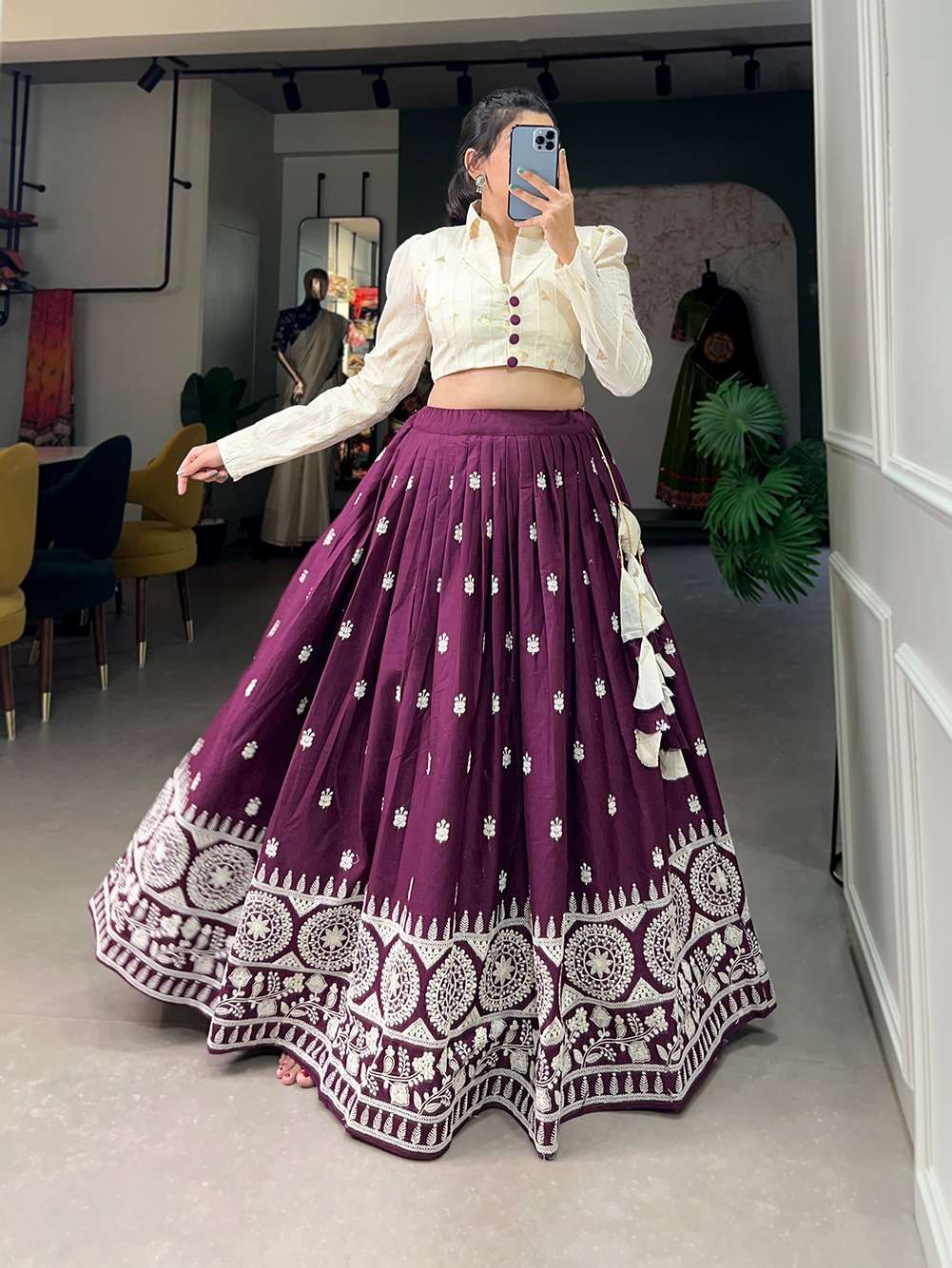 coord set steal the spotlight by adoring this wine lehenga in pure cotton material embellished with lucknowi work also featured with beautiful hand made heavy tassels nnk1513win