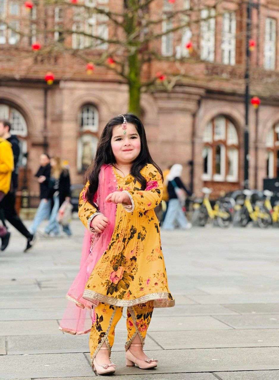 designer heavy fox georgette dhoti salwar suit with digital print work ready to wear collection code oc 160 yellow master black almond white 3 year to 15 years kids wear 