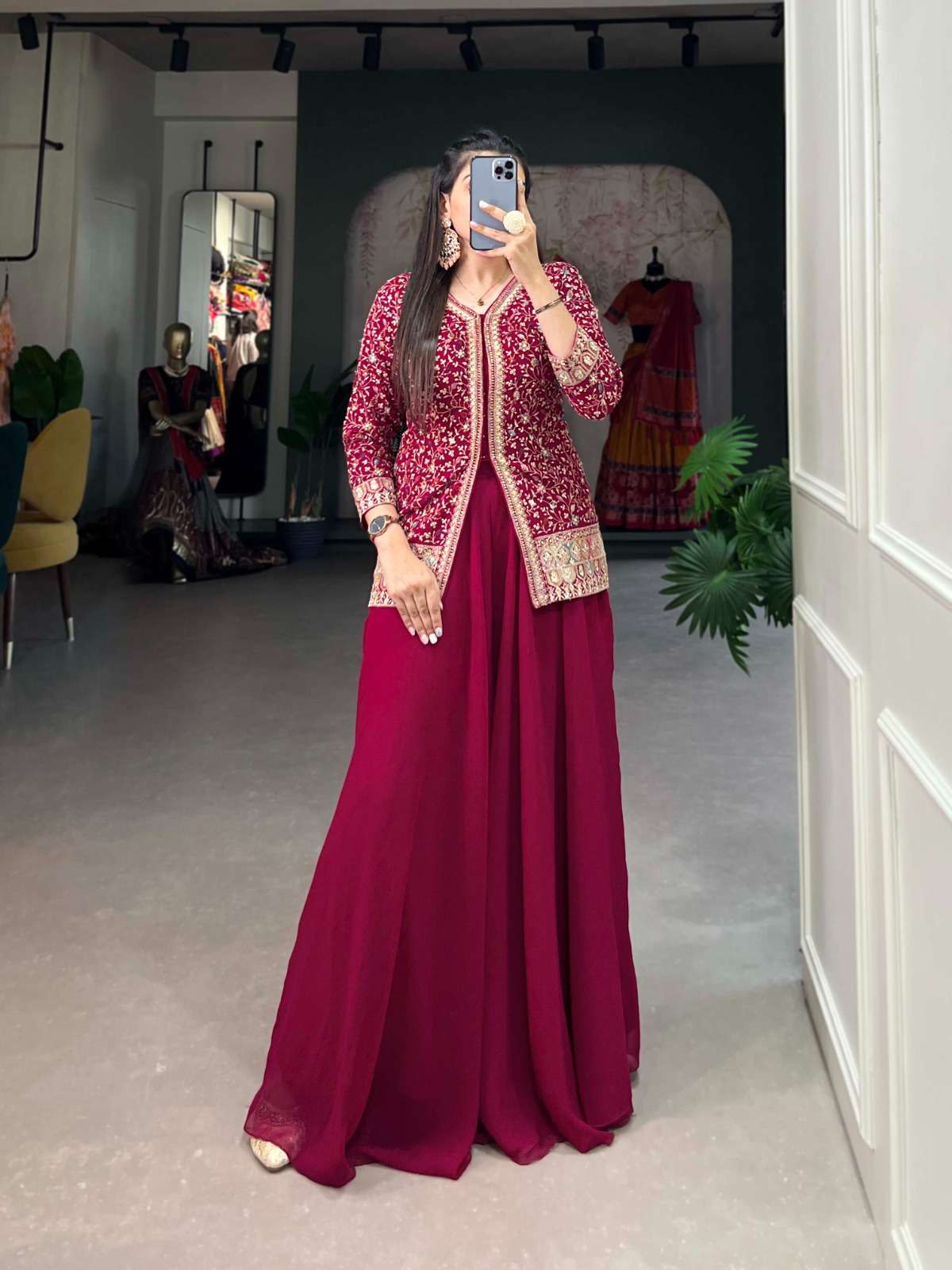 ethnic wear classic charms embrace the essence of tradition with georgette attire ynf3022rpi top stitchedtop fabric georgette top work sequins and thread embroidery work