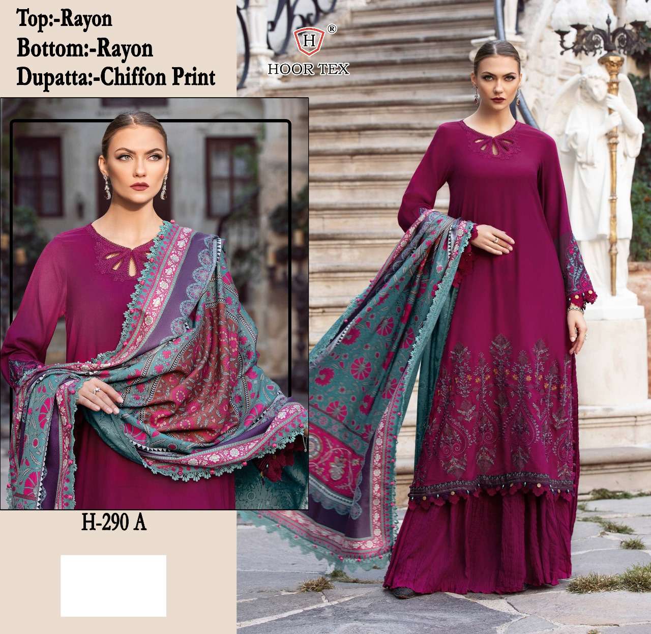 hoor tex pakistani suit h 290 a to d fabric details top heavy rayon bottom heavy rayon dupatta chiffon print pakistani dresses collection summers cotton pakistani suit 