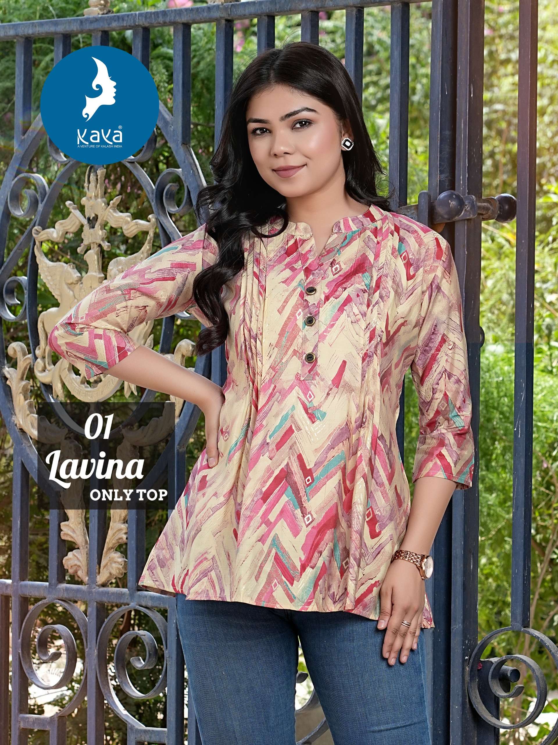 kaya kurti only top catalogue tunics lavina cotton only top  top chhanderi modal print with foil super quality fabrics best designs latest colours rich combination