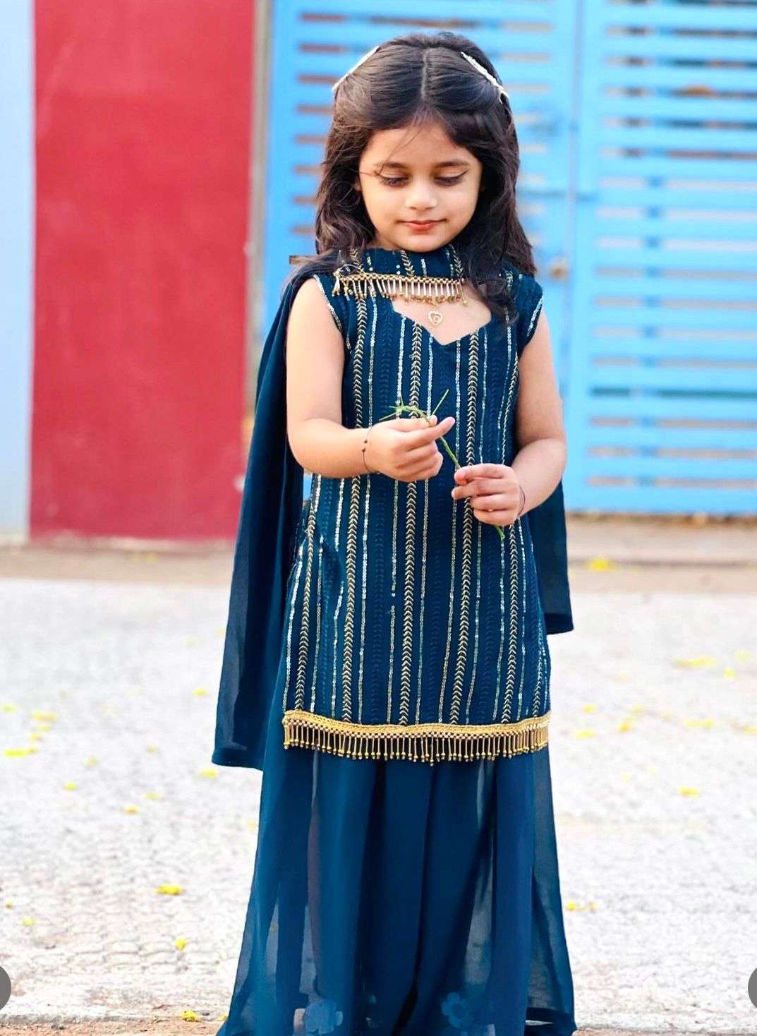 kids girls wear designer embroidery siqunce work top with sarara and dupatta full sttiched ready to wear code oc 172 fabrice heavy fox georgette with embroidery siqunce work with heavy less