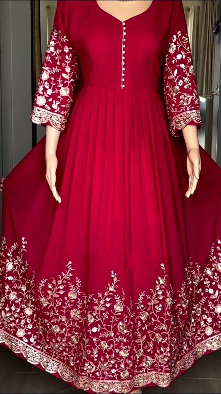 launching new designer party wear look full heavy embroidery sequence work gown with fully stiched and dupatta ready to wear collection fabric detail readymade suits 