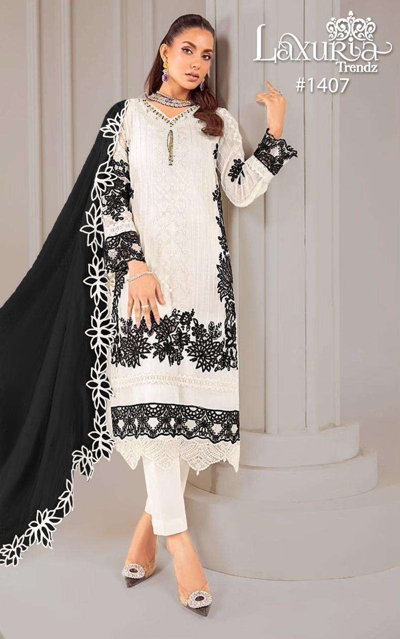 laxuria trendz design number 1407 readymade pakistani dresses luxury pret collection in tunic n pants with heavy embroidery organza duptta beautiful colour combination