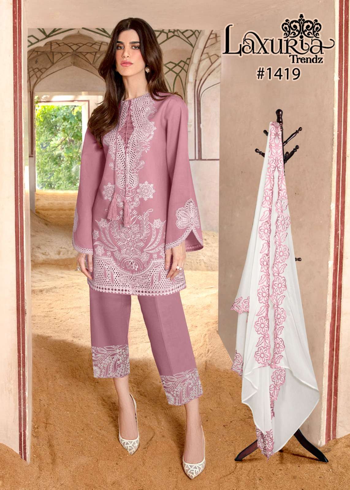 laxuria trendz design number 1419 readymade pakistani suit new launch cotton colletion kurti with pant n duptta luxury pret collection in tunic n cigarette pants with dupatta