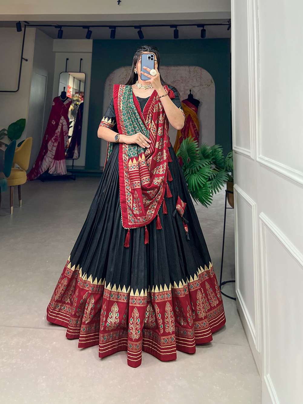 lehenga choli adorn yourself in the timeless grace of tussar silk woven with intricate prints for an ethereal allure  lnb1207prl lnb1207blk lnb1207red lnb1207grn lehenga stitched tussar silk 