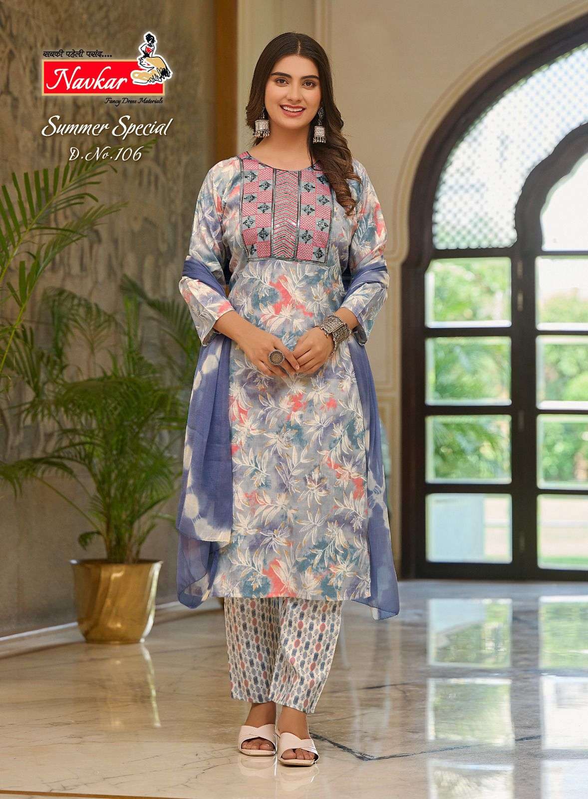 navkaar summer special series 101 to 108 summer special vol1 with embroidery work with pocket top rayon foil print bottom rayon print pant dupatta chiffon 