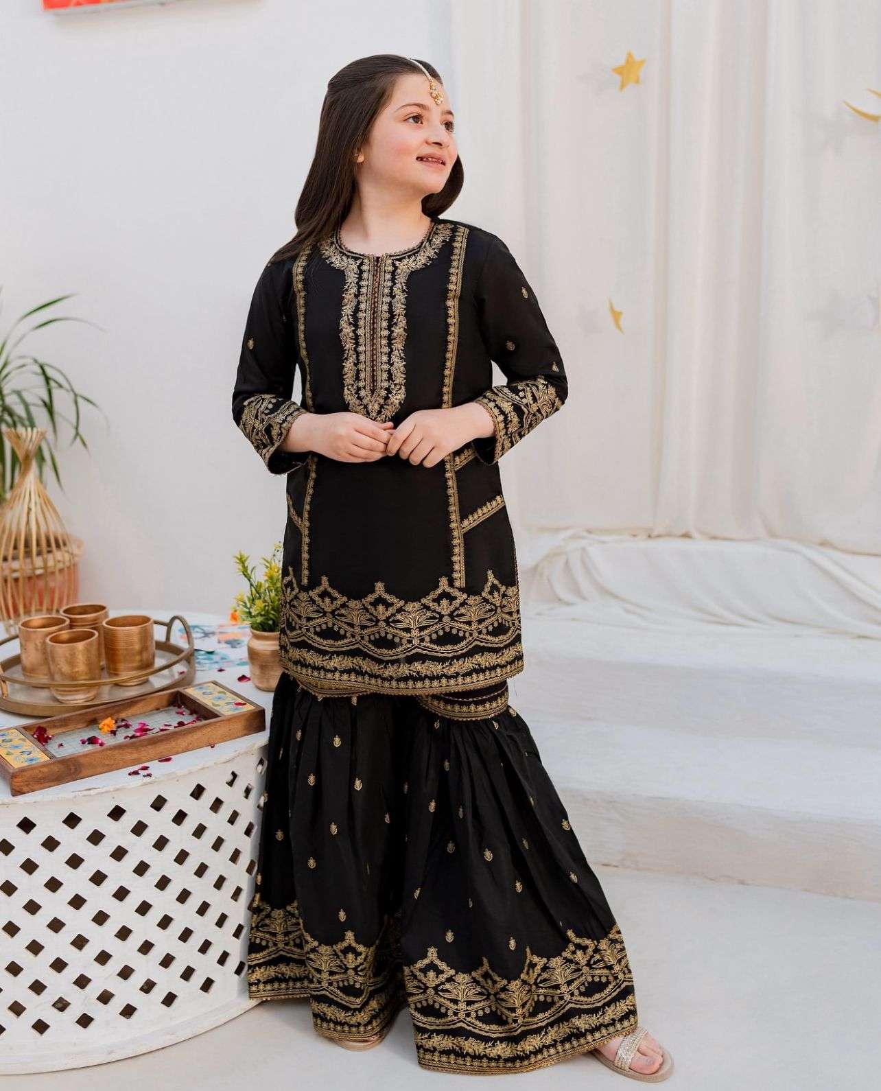 presernting new designer embroidery siqunce work top with sarara and dupatta full sttiched ready to wear code oc 174 3year to 15year kidswear girlswear sharara suit 