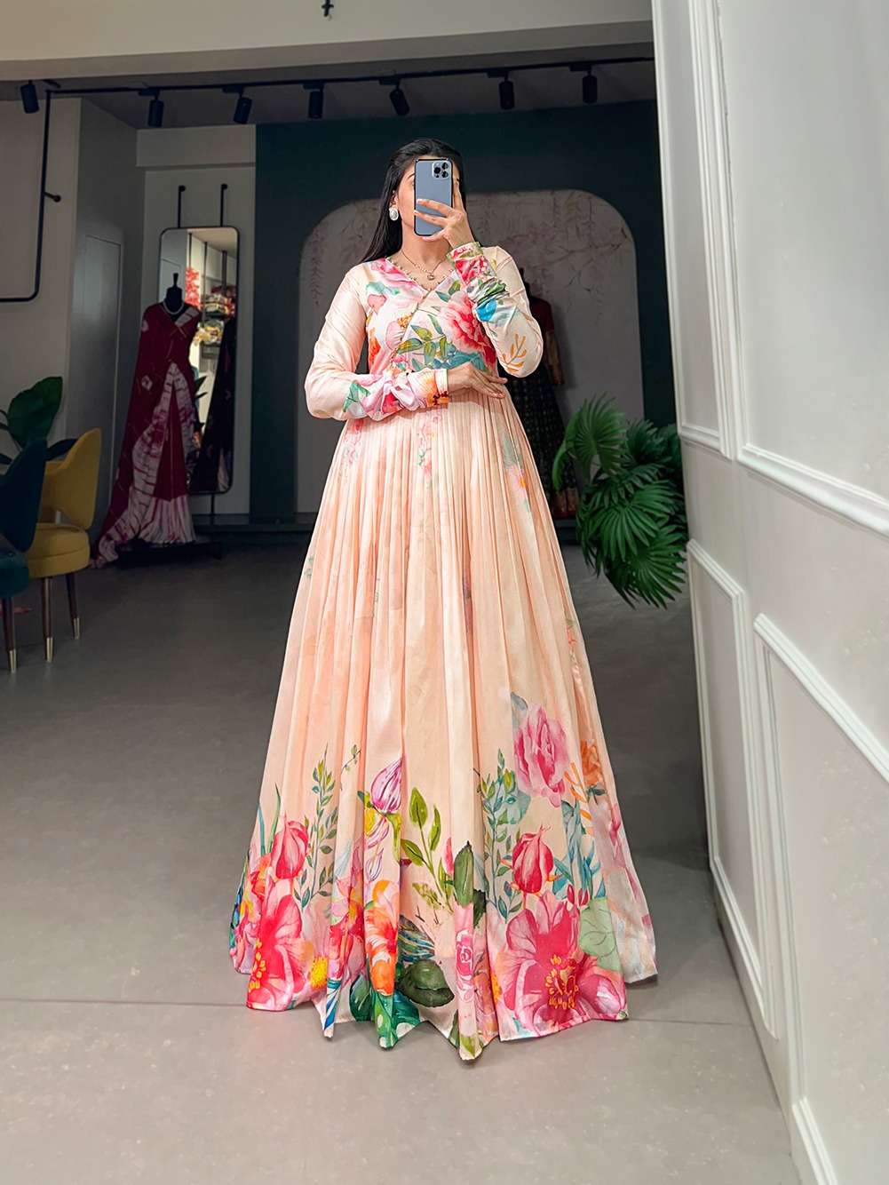 ready to wear gown the timeless charm of tussar silk meets the delicate beauty of floral prints in this enchanting gown ynf5018crm ynf5018prt gown gown fabric tussar silk