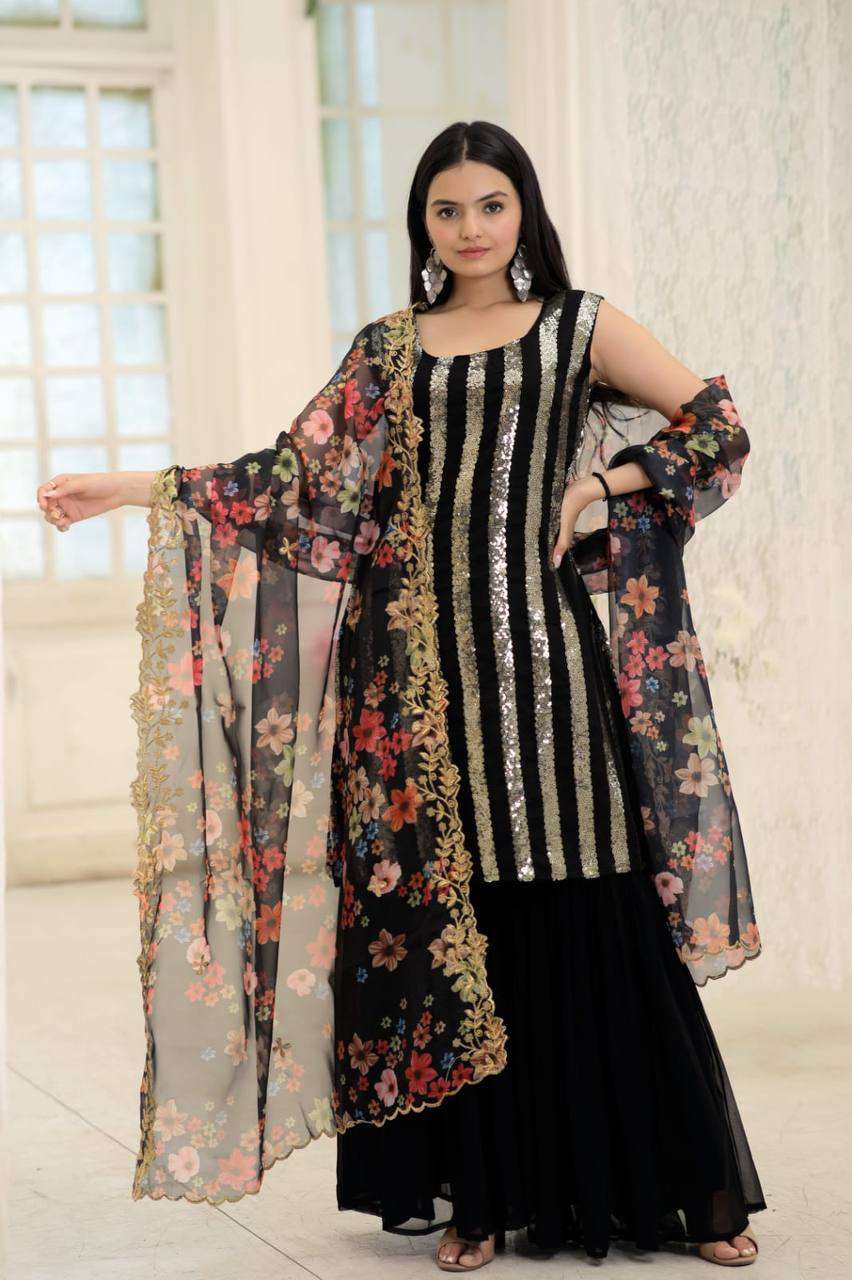 readymade top sharara dupatta collections be the center of attractions with this faux blooming sequins work top with rich printed n embroidered dupatta attached with sharara code lw 9138