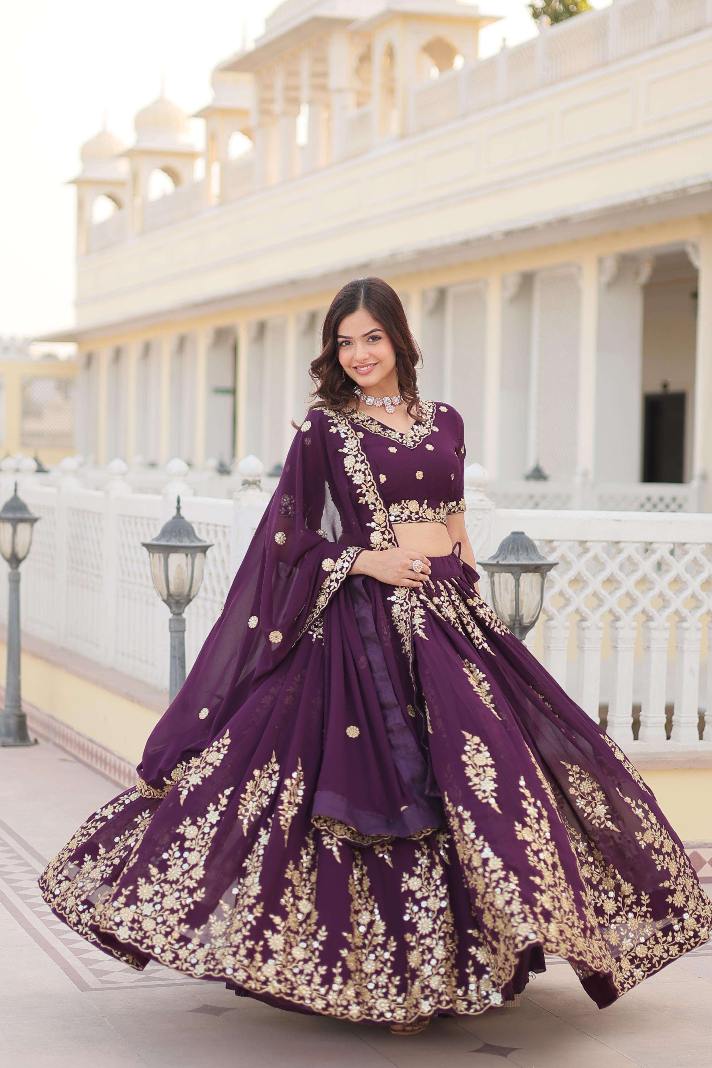 shop this trending wine embroidered fully flaired georgette lehenga made with rich sequins and thread embroidered work  with stunning blouse and dupatta code lw 7102  designer lehenga 