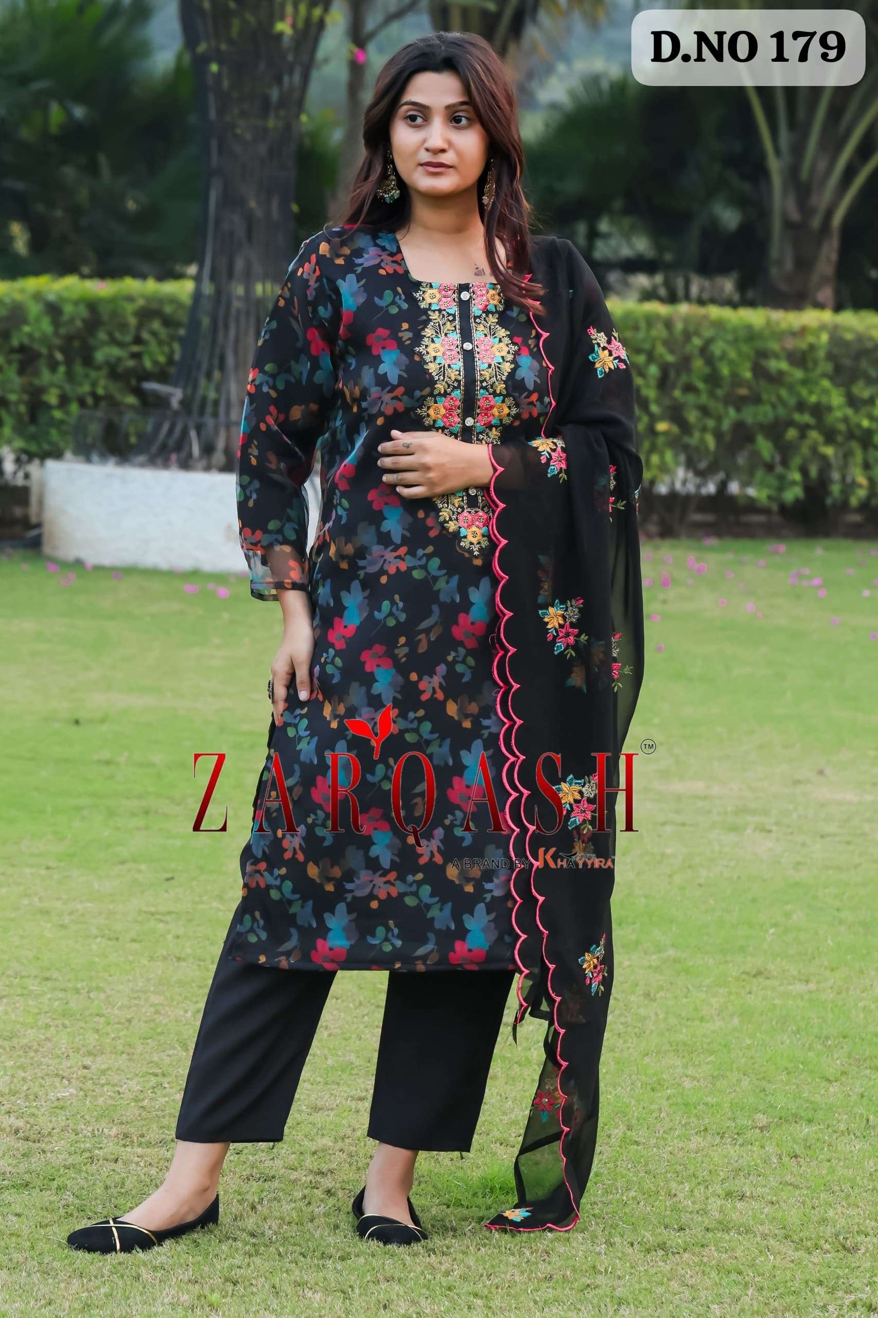 zarqash readymade collection design number 179 top organza digital print with embrodry work duppta jorjate with embroidery inner  santoon bottom viscos silk