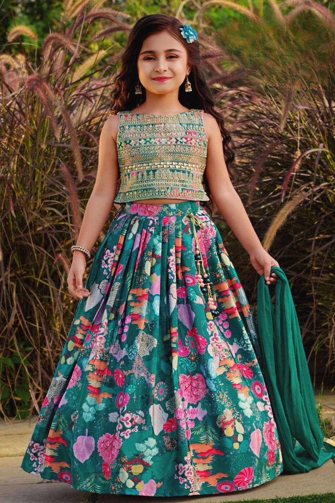 2 year to 15 year kids girls wear lehenga trending sequins embroidered with beautiful printed work stitched lehenga blouse with dupatta for festive season full stitched blouse fabric faux georgette