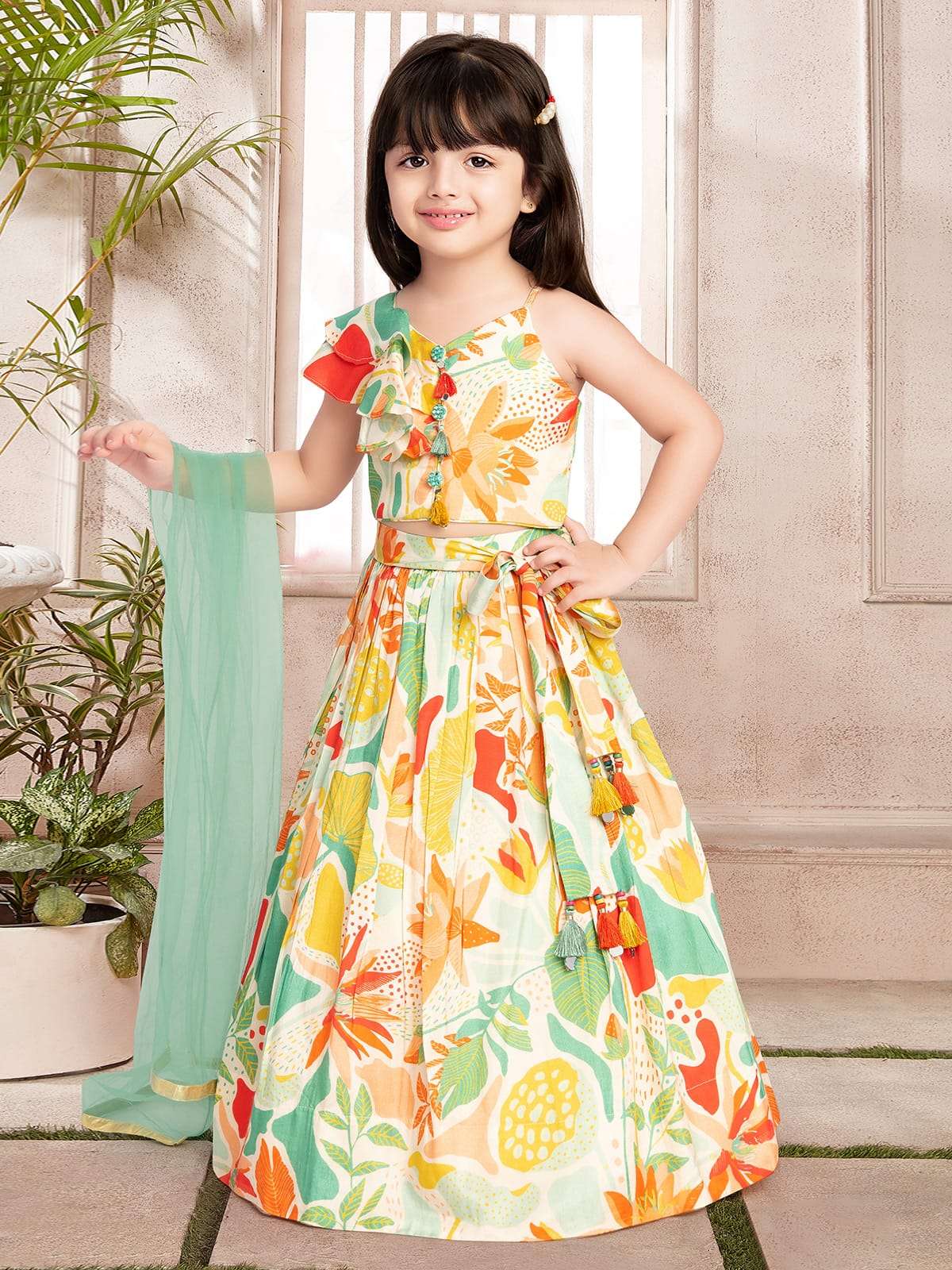 2 year to 15 year trending beautiful printed work  stitched lehenga blouse with dupatta n kamr belt for festive season blouse fabric kids wear girls lehenga 