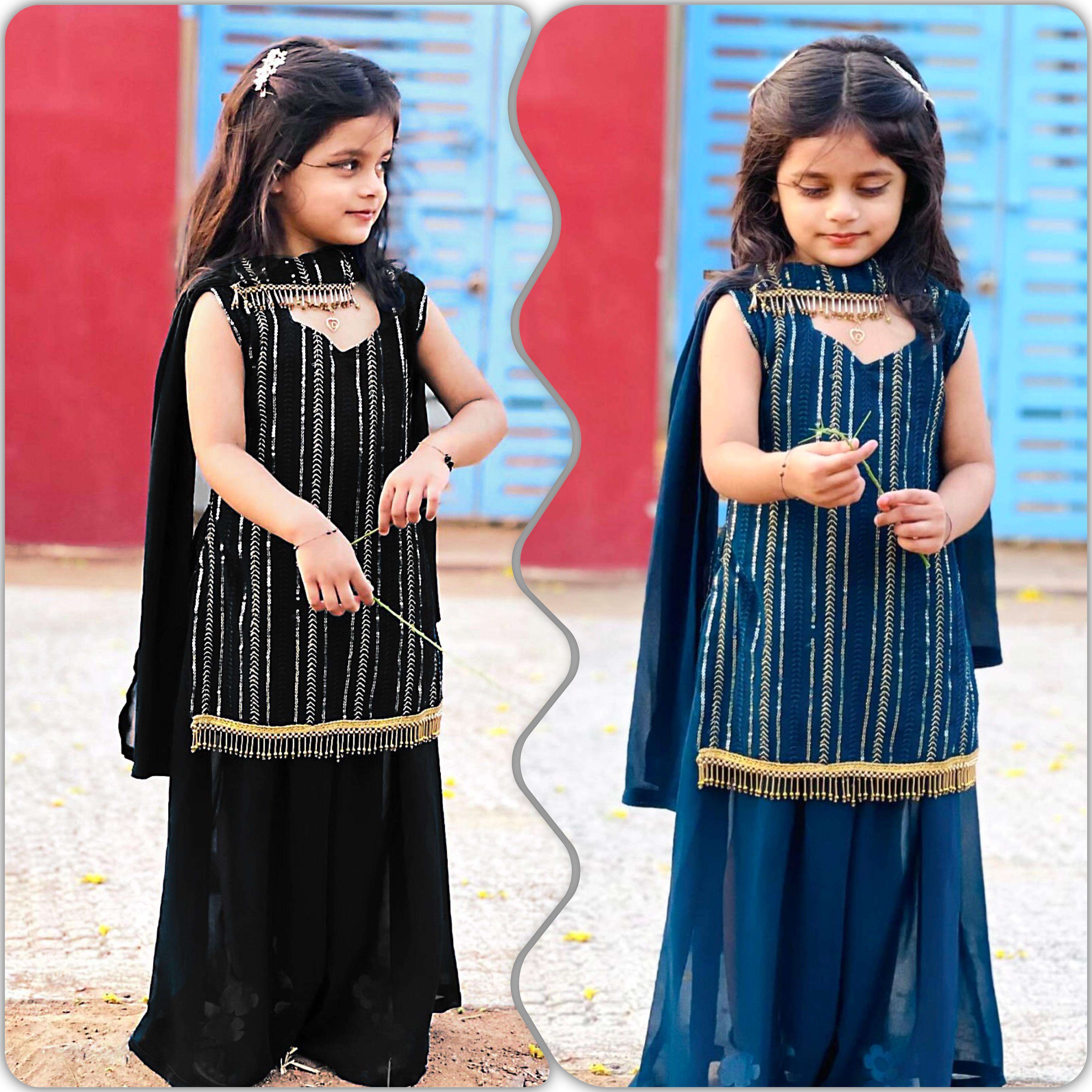 3 year to 15 year girls kids wear suit indian dresses embroidery siqunce work top with sarara and dupatta full stiched ready to wear code oc 172 rama blue black 