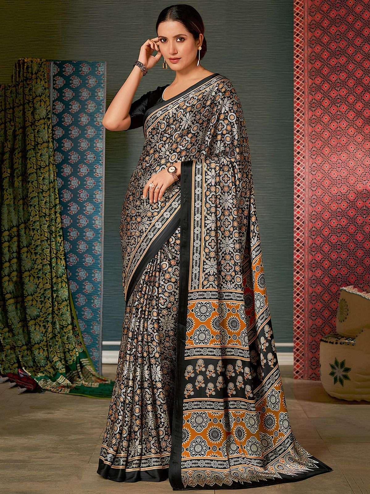 ajrakh 1 ajrakh digital print chinon fabric saree with very soft in texture light weight silk fabric with a rich glaze saree cotton ajrak saree 