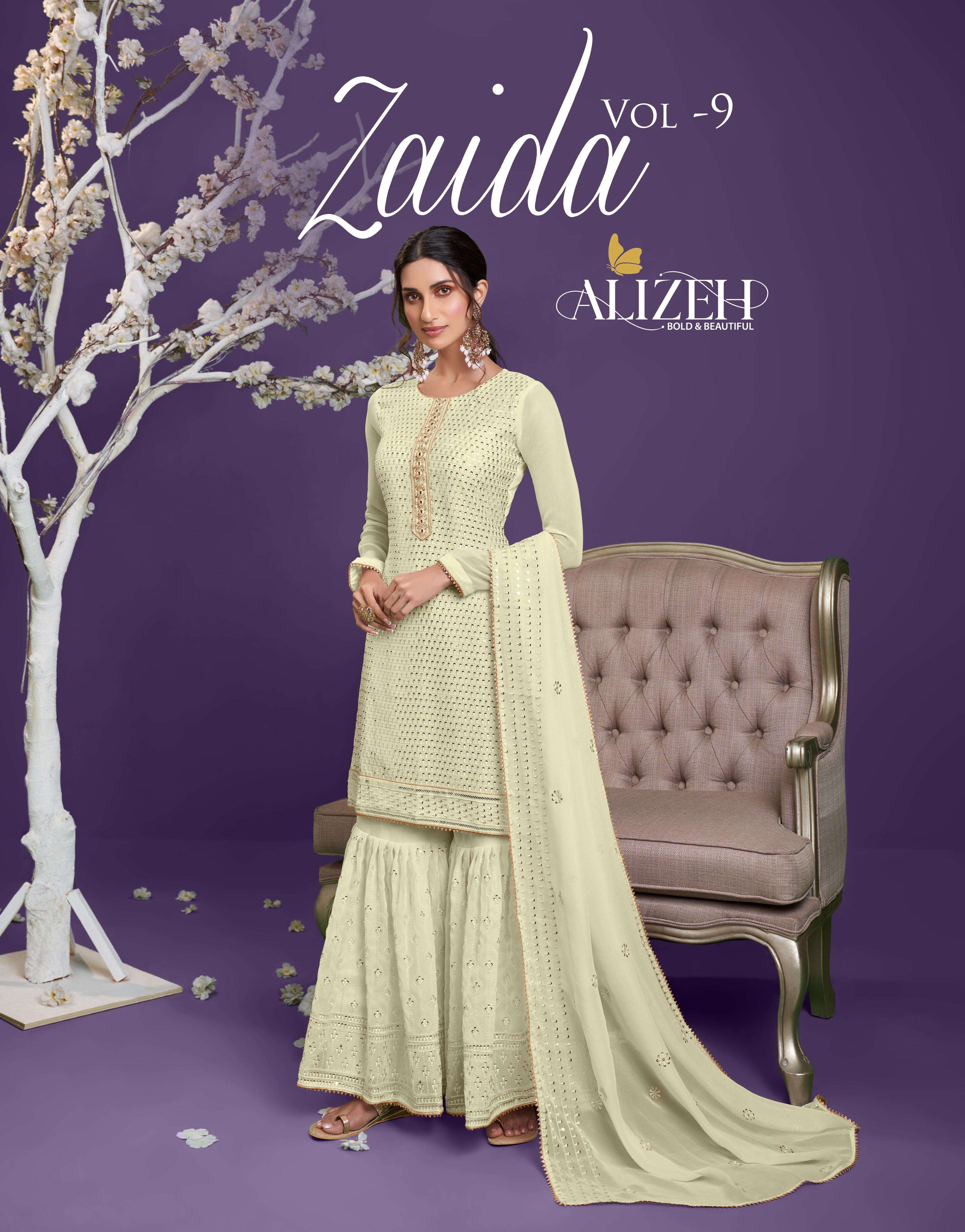 alizeh official premium sharara collection zaida vol 9 series 2035 to 2038 top fabric alizeh pure georgette unstiched dresses top heavy thread n sequins embroiedery with heavy khatli n handwork on neckline