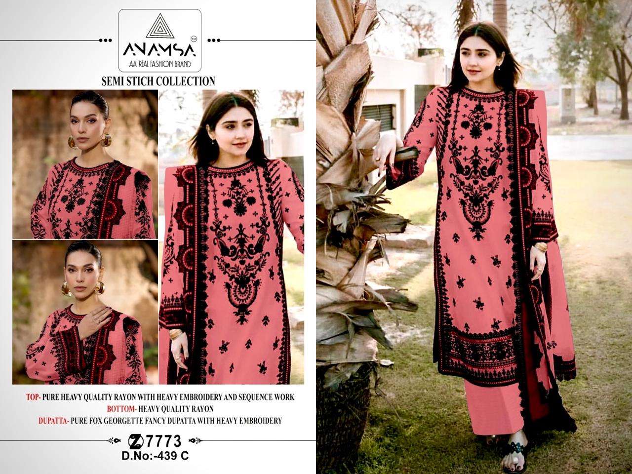 anamsa 7773 semi stitched anamsa 439 colours heavy pure quality rayon with heavy embroidered very beautiful design and sequence work high quality material pakistani dresses collection