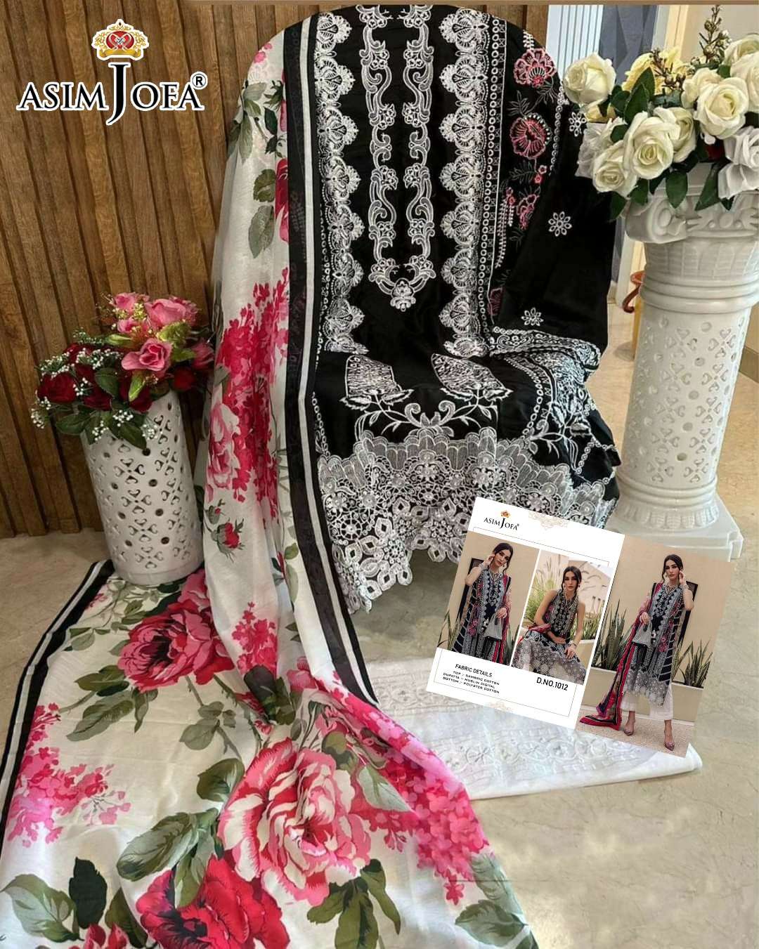 asim jofa design number 1012 top cambric cotton havy embroidery work very beautiful design bottom polyester cotton Pakistani dresses   