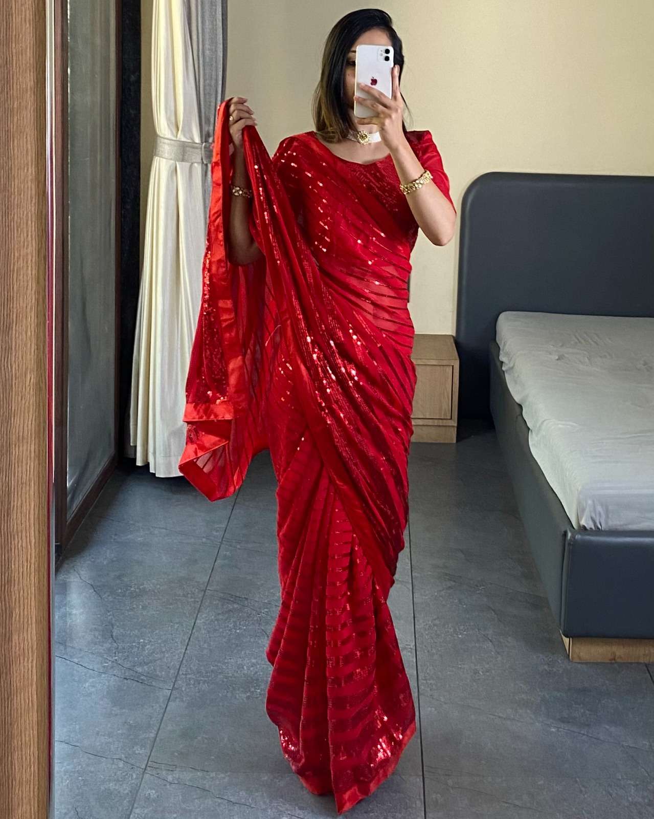 beautiful latest red colour sequnce saree collection with real modelling photo shoot ds no radhika saree detail saree fabric georgette saree work fancy sequnce work