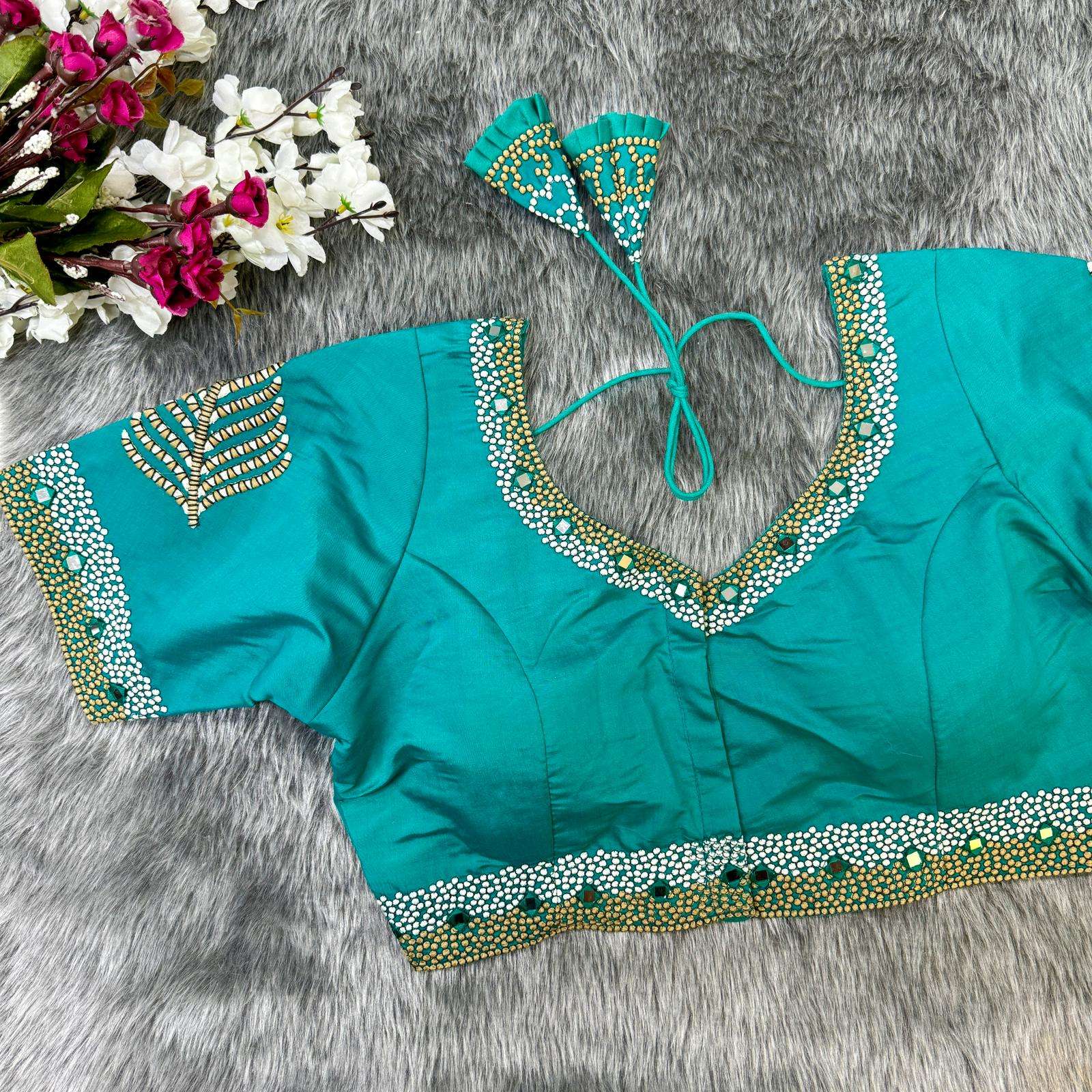 beautiful work partywear desgine heavy stitching heavy padded handmade hooks with beautiful latkans front open style readymade blouse beautiful handwork partywear blouse 