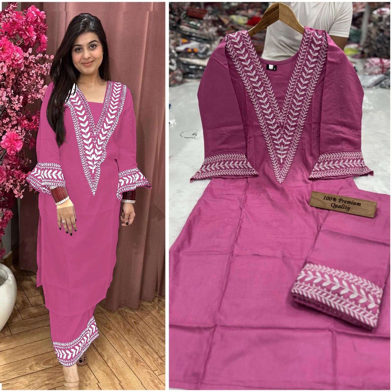 cord set candy crush beautiful heavy rayon cotton with beautiful  embroidery work in neck with stylish sleeves bottom heavy rayon cotton pant with embroidery