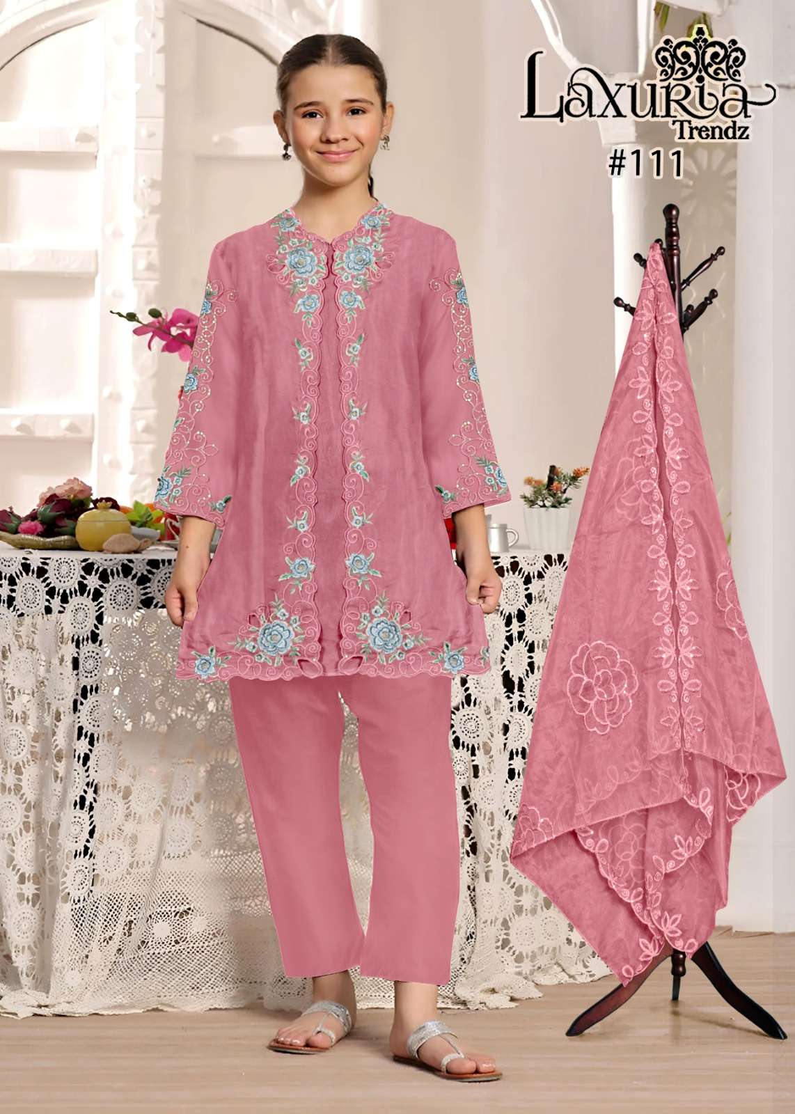 girls kids wear readymade pakistani suit collection laxuria trendz design number lt 111 faux georgette designer stylish heavy embroidery shrug n embroidery in sleeve  girls kids wear