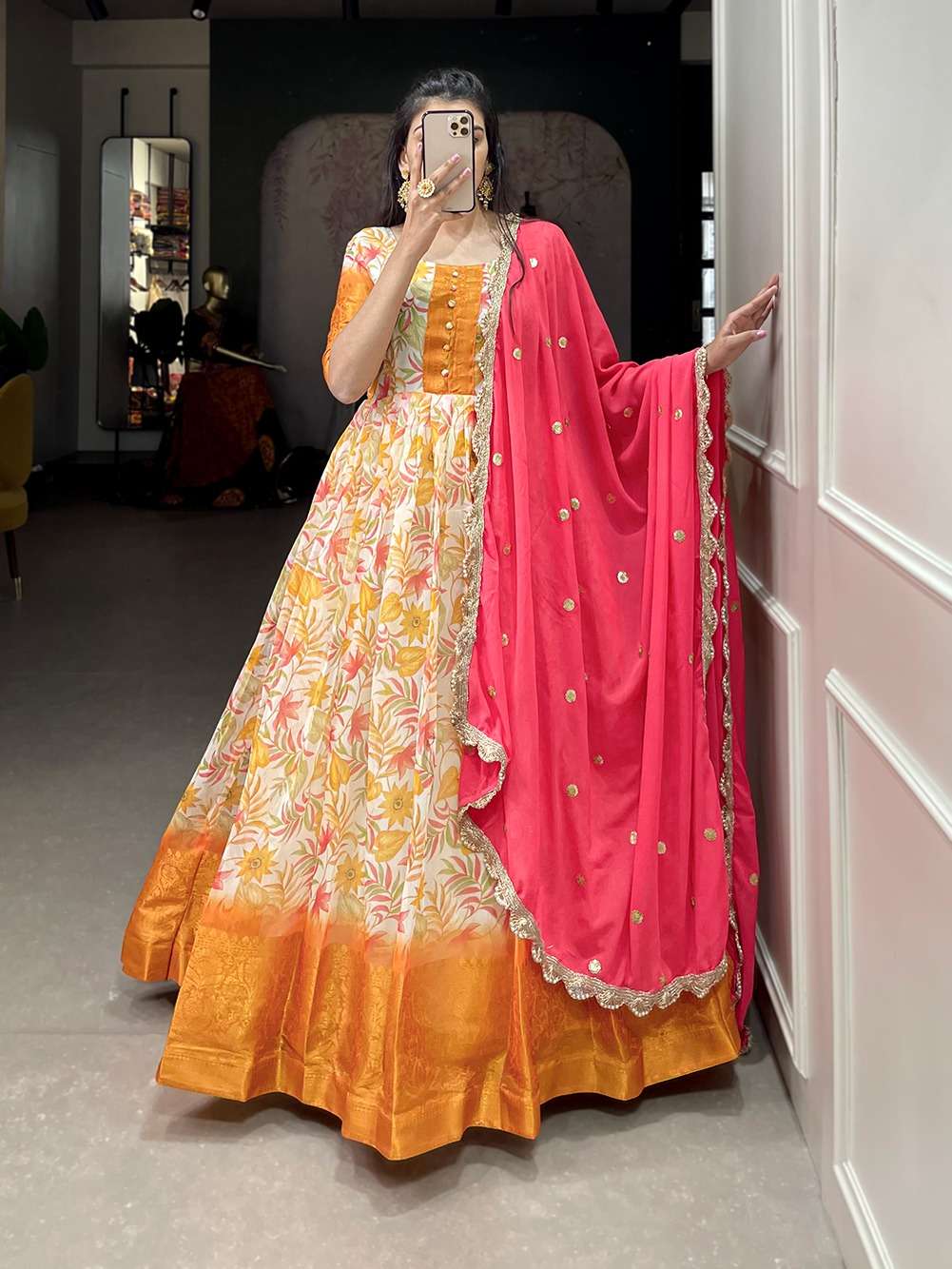 gown collection for you this elegant soft chanderi flawless gown with beautiful pearl dupatta to complete your festival look ynf5022 soft chanderi gown work printed with weaving work patta