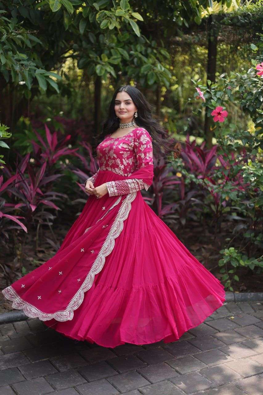 gown dupatta faux blooming gown with viscose dyable jacquard with sequins embroidered work faux blooming dupatta it will enhance can combine the best parts of western and indian wear code lw 9155