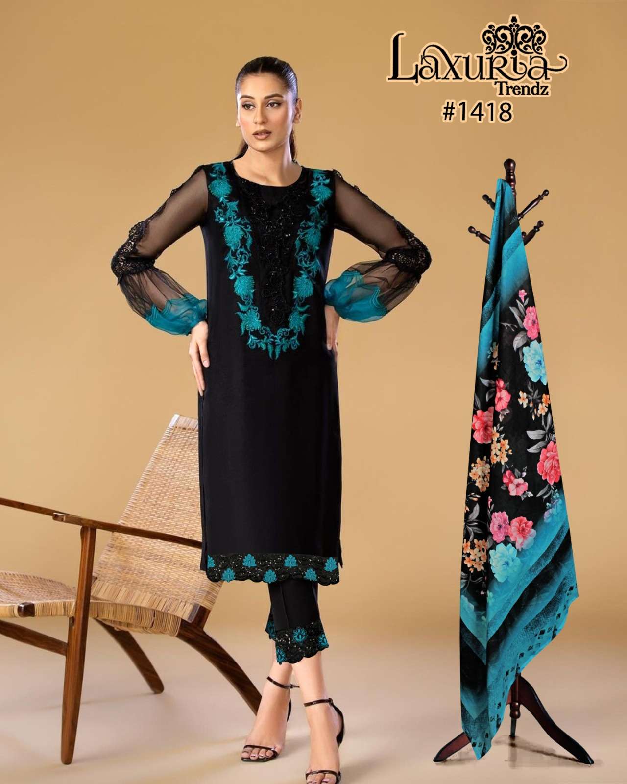 laxuria trendz design number 1418 new collection kurti with pant n duptta luxury pret collection in tunic n cigarette pants with duptta readymade suit 