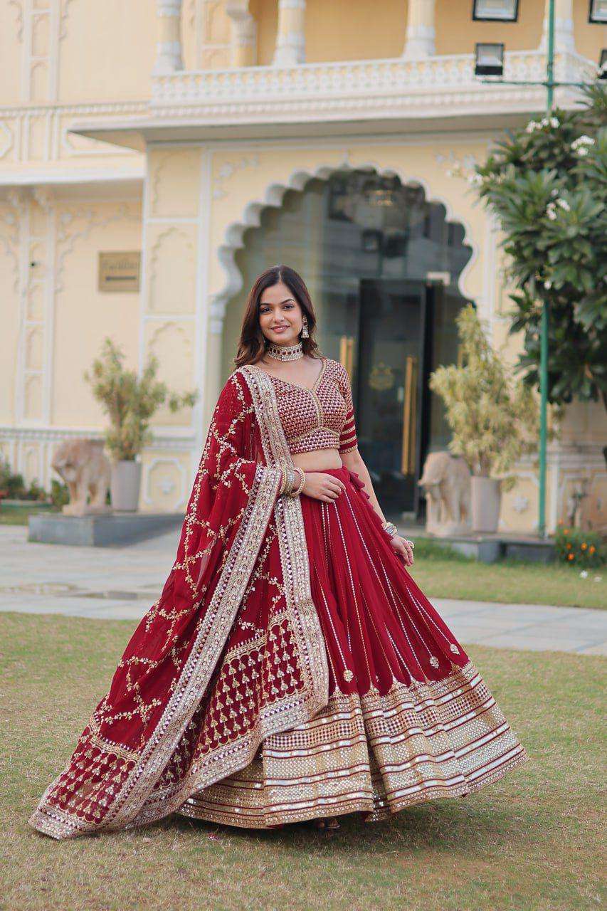 lehenga choli collections 2024 code lw 7085 lehengalove lehenga fullstitched faux blooming with heavy sequins zari embroidered work & massive lace patta designer lehenga in red colour 